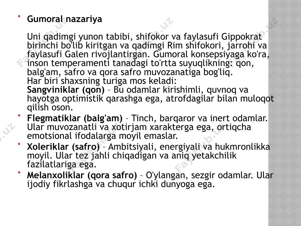 l sezgirlikni namoyon qiladi. melanxoliklarning kuchli tomonlari: ijodiy fikrlash va o'z-o'zini refleksiya qilish qobiliyatiga ega. ko'pincha ijodiy iste'dodga ega bo'lib, o'z emotsiyalarini ijodiy shakllar orqali ifodalay oladi. melanxolikning kamchiliklari – depressiyaga moyillik, tanqidlarga ortiqcha sezgirlik va amaliy muammolarni hal qilish qobiliyatining etishmasligi. image1.jpeg /docprops/thumbnail.jpeg