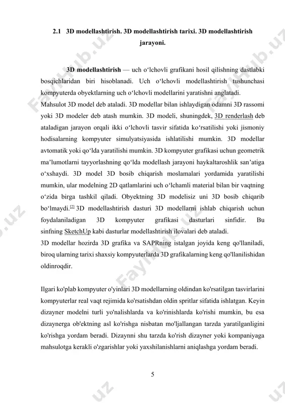 r, asosan, ularni yaratish va tahrirlash usulidagi o'zgarishlar, turli sohalarda foydalanish qoidalari va model va haqiqat o'rtasidagi yaqinlashish turlaridagi farqlardir. chig'anoq modellari haqiqiy ob'ekt sifatida mazmunli bo'lishi uchun ko'p qirrali bo'lishi kerak (qobiqda teshiklar yoki yoriqlar bo'lmagan). kubning qobiqli modelida kubning pastki va yuqori yuzasi bosilgan birinchi va oxirgi qatlamda teshik va yoriqlarsiz bir xil qalinlikka ega bo'lishi kerak. ko'pburchak to'rlar (va kamroq darajada bo'linish yuzalari) eng keng tarqalgan tasvirdir. darajalar to'plamlari suyuqliklar kabi ko'plab topologik o'zgarishlarga duchor bo'lgan sirtlarni deformatsiyalash uchun foydali tasvirdir. ob'ektlarning tasvirlarini, masalan, sharning o'rta nuqta koordinatasini va uning aylanasidagi nuqtani sharning ko'pburchak tasviriga aylantirish jarayoni mozaika deb ataladi. ushbu bosqich ko'pburchak asosidagi renderlashda qo'llaniladi, bunda ob'ektlar sharlar, konuslar va boshqalar kabi mavhum tasvirlardan ("ibtidoiy") o'zaro bog'langan uchburchaklar tarmog'i bo'lgan to'rlar deb ataladigan narsalarga bo'linadi. uchburchaklar to'rlari (masalan, kvadratlar o'rniga) mashhur, chunki ular rasterizatsiya qilish oson (har bir uchburchakda tasvirlangan sirt tekis, shuning uchun proyeksiya har …
