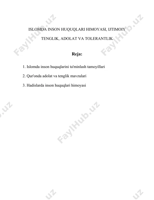 ur'on, 4:1 oyatida, erkaklar va ayollar bir xil mas'uliyat va huquqlarga ega deb qayd etilgan. ayollarning ta'lim olish huquqi, ishda, jamiyat hayotida va oilada o'ziga xos o'rni borligi ta'kidlanadi. to‘rtinchidan, sud va adliya tizimi adolat va tengsizliklarga qarshi kurashish uchun asosiy vositalardan hisoblanadi. hadislarda adolat haqida ko‘p marta eslatib o‘tilgan bo‘lib, halollik va haqgo‘ylik jamiyat rivojida muhim o‘rin tutadi. payg'ambar muhammad (s.a.v.) sudyalar adolatli bo'lishlari kerakligi haqida o'zining hadislarida ta'kidlab o'tganlar. beshinchidan, islom boshqa musulmonlar bilan axloqiy va ijtimoiy mas'uliyatlarni belgilash orqali jamiyatdagi tartib-intizomni ta'minlaydi. zakat va sadaqa kabi faoliyatlar kambag‘allarga yordam berish, ijtimoiy adolatni va tenglikni ta'minlashga qaratilgan. oltinchidan, islom har bir musulmon uchun bilim olishni va aql-idrokni o'stirishni rag‘batlantiradi. bu insonning fundamental huquqlari qatoriga kiradi, chunki bilimsizlik insonlarni bir qator adolatsizliklarga va cheklovlarga olib kelishi mumkin. payg'ambar muhammad (s.a.v.): "ilm izlash har bir musulmonga farzdir", deganlar. yettinchidan, nikoh va oila huquqlari islomda muhim o'rin egallaydi. nikoh o'zaro hurmat …