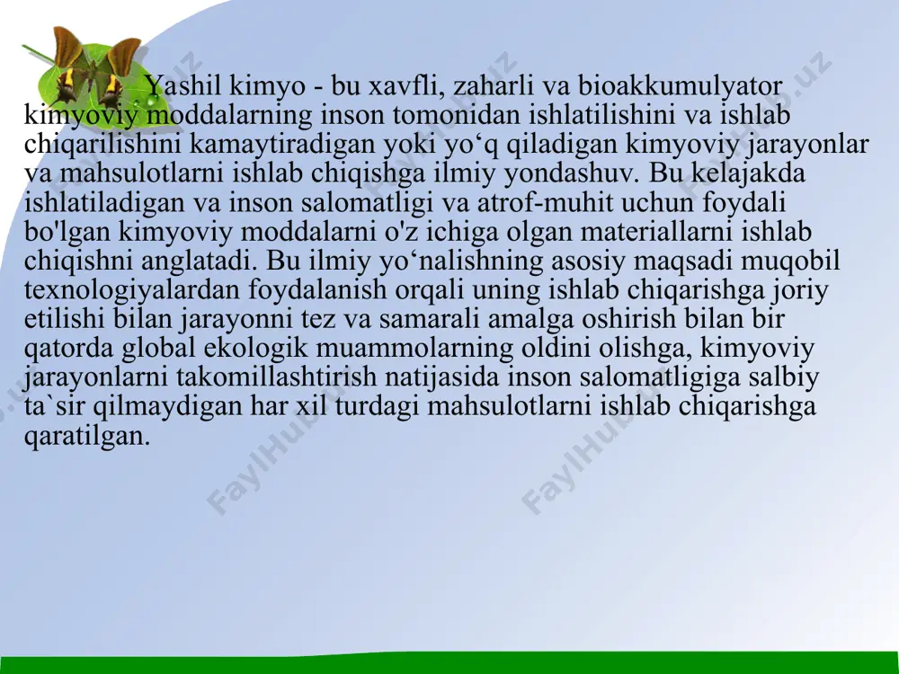 ositalarni loyihalash. kimyogarlar nafaqat tibbiy, ishlab chiqarish yoki boshqa maqsadga muvofiq funktsiyalarni bajaradigan, balki insonning toksikligi past bo'lgan kimyoviy mahsulotlarni yaratishga intilishi kerak. kimyoviy moddalar tanamizda va atrof-muhitda qanday ishlashini bilish xavfsizroq kimyoviy maqsadlarni loyihalash uchun zarurdir. ba'zi hollarda hayvonlarning yoki odamlarning zaharliligi muqarrar, ammo boshqa variantlarni o'rganish kerak.xavfsiz kimyoviy vositalarni loyihalash to'rtinchi yashil kimyoviy printsipdir va unga kimyogarlar rioya qilishlari kerak. sintetik mahsulotlar zaharliligini kamaytirganda funktsiya samaradorligini saqlab qolish uchun ishlab chiqilishi kerak. 5. xavfsiz erituvchilar va yordamchilar.ko'pgina kimyoviy reaktsiyalar jarayonni tezlashtirish uchun erituvchi yoki boshqa moddalardan foydalanishni talab qiladi. ular shuningdek, turli xil xavf-xatarlarga duch kelishi mumkin, shu jumladan yonuvchanlik va o'zgaruvchanlik. ko'pgina jarayonlarda erituvchilarni oldini olish mumkin bo'lsa-da, ular reaktsiya uchun zarur bo'lgan energiya miqdorini minimallashtirish uchun tanlangan bo'lishi kerak, toksikligi past va iloji boricha qayta ishlanishi kerak. yordamchi materiallar va erituvchilar, ajratuvchi moddalar va boshqalar kabi moddalardan foydalanish iloji boricha keraksiz va ishlatilganda zararsiz bo'lishi kerak. …