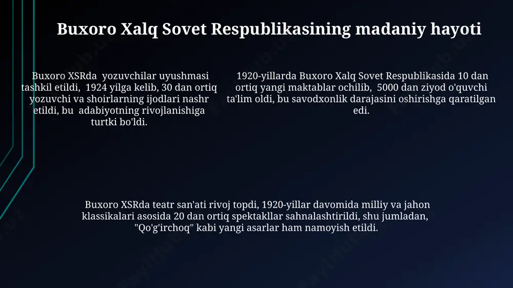 buxoro xalq sovet respublikasining tashqi siyosati angliyaga qarshi faol kurash olib borgan turkiston avtonomiya sovet sotsialistik respublikasini qo'llab-quvvatlashni o'z ichiga olgan. 1924-yilgi buxoro xalq sovet respublikasining tugatilishi va uning hududining o'zbekiston va turkmaniston ssrlari orasida bo'linishi uning mustaqil tashqi siyosatining yakuniga sabab bo'lgan. buxoro xalq sovet respublikasining tuzilishi buxoro xalq sovet respublikasining armiyasi, 1920-yillarning boshlarida taxminan 10 000 askardan iborat bo'lib, mahalliy aholi va rus askarlaridan tashkil topgan. buxoro xalq sovet respublikasining tuzilishi 1920-yil 8-oktabrda e’lon qilingan konstitutsiyaga asoslangan bo‘lib, uni ikki palatali xalq kengashi boshqargan. buxoro xalq sovet respublikasining tuzilishi 1920-yil 8-oktabrda e’lon qilingan konstitutsiyaga asoslangan bo‘lib, uni ikki palatali xalq kengashi boshqargan. buxoro turkiston tarkibiga qo'shilishi бухоро амирлиги 1920 йилда ркфср таркибига расман киритилган бўлсада, тўлиқ интеграция жараёни бир неча йил давом этди ва 1924 йилгача давом этди. бухоро халқ шороит республикасининг ташкил этилиши (1920) бухоро амирлигининг тугатилиши ва совет ҳукуматининг ўрнатилишини англатди, бу ҳудуднинг россия федерациясига қўшилишига …