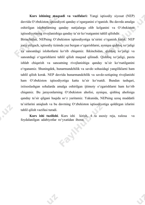 urkistonni ham iqtisodiy va ijtimoiy inqirozga olib keldi. hozirgi o‘zbekiston hududi ham shu davrda turkistonning bir qismi sifatida ayni shu inqirozning ta’sirida edi. turkiston iqtisodiyotining asosiy tarmoqlari — qishloq xo‘jaligi va savdo-sotiq edi. paxta yetishtirish, dehqonchilik, chorvachilik kabi sohalar ana shu hududning iqtisodiy asosi bo‘lgan. ammo 1920-yillarning boshlariga kelib, bu sohalarda jiddiy inqirozlar yuzaga keldi. qishloq xo‘jaligida o‘tgan davrda amalga oshirilgan urush va yer islohotlari natijasida ishlab chiqarish quvvati sezilarli darajada pasayib ketgan edi. paxta ishlab chiqarish kabi asosiy tarmoqlarni mustahkamlash uchun zarur bo‘lgan texnologik, moddiy va inson resurslari etishmasligi, mavjud yer resurslarining unumdorligi kamayishi va yomon infratuzilma iqtisodiy holatni yanada yomonlashtirgan. buning ustiga, fuqarolar urushi va rossiya imperiyasining halokatli iqtisodiy siyosati, ayniqsa, turkistonning rivojlanishini to‘xtatdi. sanoat rivoji ham zaif edi. turkistonning sanoat salohiyati deyarli yo‘q edi yoki juda past darajada edi. ko‘plab sanoat korxonalari ishlab chiqarishni to‘xtatgan yoki juda past hajmda ishlagan. oziq-ovqat sanoati, mato ishlab chiqarish, yog‘ va …