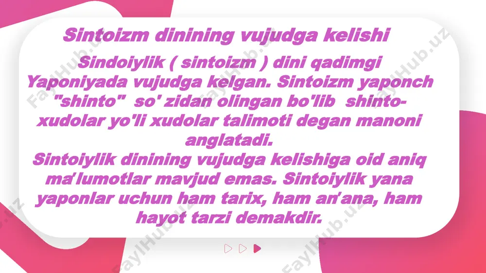 mida najot topgan. ammo idzanami ham eriga qarshi bosh ko‘tarib, zulmat saltanatining chaqmoq kamisi va bir yarim ming nafar qo‘shin bilan uning ortidan tushgan. idzanaki ularning yo‘lini tog‘ va qoyalar bilan to‘sgan. oqibatda ularning alohida olamlari vujudga kelgan. shu zaylda tun kelishi bilan idzanami o‘z domiga minglab jonzotlarni tortadi, idzanaki esa dunyo sahroga aylanib qolmasligi uchun yana shuncha jonzotlarni yaratishda davom etavergan. nihoyat idzanaki poklanish marosimi orqali o‘lim kamisiga teginishi natijasida sintoiylik panteonining eng oliy kamisi quyosh amaterasu (buyuk samo chirog‘i) va ayyor bo‘ron va shamol kamisi susanoo (ummon sohibasi) paydo bo‘lgan. sintoiylikda panteonida ame–no minakanusi–no, takami musubi–no va musubi–no kamilari mashhur hisoblanadi. ulardan yuqorida amaterasu ninigining nevarasi, yapon imperatorlar sulolasining yaratuvchisi amaterasu omikami turadi. son–sanoqsiz kamilarning avlodlari kelishi davomida ilk ma’bud va insonlarning idzumo hamda kyusyu nomli ajralish davri hukm surgan. kyusyu davrida hozirgi yaponiya imperatorlarining ajdodi hisoblanadigan afsonaviy qahramon yamato dunyoga kelgan. ii jahon urushi tugagunicha sintoiylar yapon …