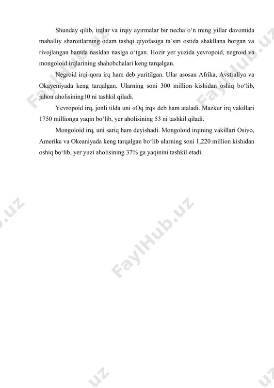 d irq, uni sariq ham deyishadi. mongoloid irqining vakillari osiyo, amerika va okeaniyada keng tarqalgan bо‘lib ularning soni 1,220 million kishidan oshiq bо‘lib, yer yuzi aholisining 37% ga yaqinini tashkil etadi. image1.jpeg