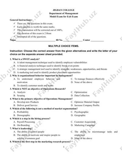 model exam for exit exam - department of management — DOCX
