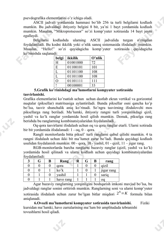dagi jadvaldan ko’rinib turibdiki, bu turdagi haqiqiy sonlar uchun xotiradan 2 bayt joy ajratiladi. joylarni qismlarga bo’linishi quyidagicha: ishora aralash tartib mantissa 63 62 52 51 son tartibini xotirada saqlash uchun uning o’nli sanoq sistemasidagi tartibiga surilish miqdori qo’shiladi. masalan, double tipidagi son uchun tartib 11 bitni egallaydi va diapazoni dan gacha bo’ladi. shunday qilib, haqiqiy sonlar komp’yuter xotirasida quyidagi algoritm asosida ifodalanadi: 1) son modulini ikkilik sanoq sistemasiga o’tkaziladi: 2) hosil qilingan son normallashtiriladi, ya’ni ko’rinishida yoziladi. bu erda m-mantissa bo’lib, butun qismi 12 ga teng. p — o’nli sanoq sistemasida yozilgan tartib. 3) tartibga surilish miqdori qo’shiladi va hosil qilingan son ikkilik sanoq sistemasiga o’tkaziladi; 4) ishorasini e’tiborga olib, sonning komp’yuter xotirasidagi ko’rinishi yoziladi. misol. -312,3125 sonini qomp’yuter xotirasidagi ko’rinishini yozing. . echish. sonning moduli ikkilik sistemadagi yozuvi 100111000,0101. uni normallashtiramiz: 100111000,0101 = 1,001110000101 × 28. endi uning tartibini suramiz: 8 + 1023 = 1031. 103110 = 100000001112. …