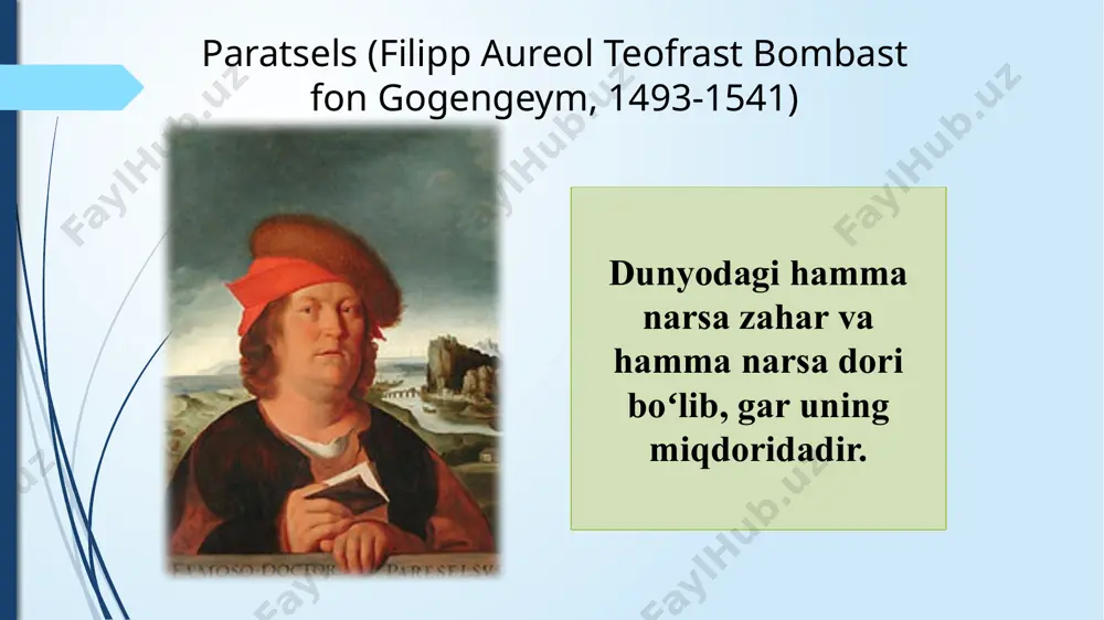 (1576-1637 y) fransua deleboe silviy (1614-1672 y) otto taxeniy (1620-1699 y) yatrokimyo davri xvi dan xviii asrning yarmigacha davom etdi. bu davrda kimyo bilan tibbiyot yaqinlashdi. yatrokimyo davrida kimyoviy bilimlar chegarasi kengayib rivojlandi. bu davrda kimyo fani eksperimental tajribalarining mohiyati va uning kimyoviy taqlil rivoji, xamda murakkab moddalarning tarkibiy qismlarini aniqlash borasidagi xizmatlari katta boʻldi. yatrokimyo asosida farmatsevtik kimyo vujudga keldi. pnevmokimyo. r.boyl va ilmiy kimyo. gazlarni oʻrganish ishlari. havoning kimyoviy tarkibini aniqlash va uning fizikaviy xossalarini oʻrganishda xvii asrda ilmiy tajribalar olib borgan olimlar: g.galiley, ye. torichelli, b.paskal, o.gerike, r.boyl, ye.mariott katta hissa qoʻshganlar 1660-yil robert boyl gazlarni biror idishda yigʻish mumkin emas degan tushunchani rad etdi. uzun boʻgʻizli kolbani teskari agʻdarib undagi fe mixga hcl taʼsirida ajralgan h2 gazini yigʻdi va uni yoqib koʻrdi. shuningdek, no gazini ham yigʻdi. гейлснинг пневматик ваннаси кимёгарлар газларни мунтазам равишда ўрганишни бошлашлари керак эди. бу соҳада муҳим қадамни, xviii асрнинг бошларида англиялик …