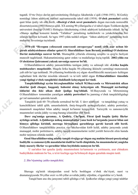 hgan boʻlib, unda adabiyotni totalitar mafkura gʻoyalaridan himoya qilish, adabiy qonuniyatlar asosida tadqiqotlar olib borish muammolari tadqiq etilgan („zaharxanda qahqaha“, 1962; „hayotiylik jozibasi, sxematizm inersiyasi“, 1979; „yurtin madhi boʻldi soʻnggi satri ham“, 1979; „sheʼr koʻp, ammo shoirchi?“, 1983). ikkinchi davr munaqqid faoliyatida asosiy davr boʻlib, u istiqlol yillaridagi ijodini qamrab oladi. bu davrda sharafiddinov milliy adabiyotni shakllantirish muammolari, oʻzbek adabiyotshunosligi va tanqidchiligini qayta qurish, jahon adabiyoti anʼanalarini oʻzlashtirish hamda tarjima sanʼatini yuksaltirish masalalarini tadqiq etgan („bir tilda gaplashaylik“, 1987; „magʻzi puch soʻzlardan bir tosh nari qoch“, 2000; „qaydasan, moriko“, 2002). sharafiddinov oʻzbek adabiyotini jahon adabiyoti bilan uygʻun tarzda oʻrganish anʼanasini boshlab bergan. uning „istiqlol fidoyilari“ (1993), „sardaftar sarlavhalari“ (1999), „maʼnaviy kamolot yoʻllarida“ (2001) kitoblarida abdurauf fitrat, abdulhamid choʻlpon, usmon nosir, abdulla qahhor, oybek, gʻafur gʻulom, maqsud shayxzoda, otajon hoshimov ijodi yangicha nuqtai nazardan tahlil etilgan. „choʻlponni anglash“ (1993) asarida esa yangi oʻzbek tanqidchiligi 20-asrda bosib oʻtgan murakkab yoʻlni talqin, tahlil …