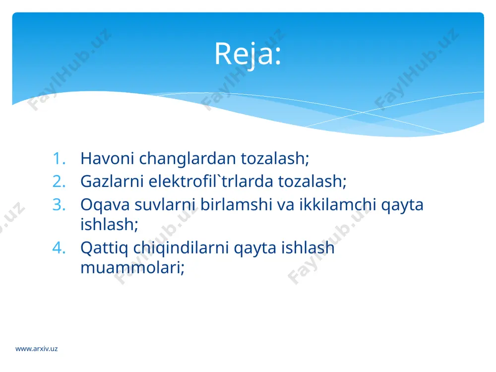 oq 2. kuchsiz yopishadigan koksli, quruq magnezitli, domna changli chlanetsli 3. urtacha yopishqoq torfli, nam magnezitli, metall, quruq tsement, quruq sut, un, opilka 4. kuchli yopishqoq tsement,gips va alebastr, klinker, natriy tuzi,tolali (asbest,paxta va jun) www.arxiv.uz zarrachalar abrazivligi gaz tezliklari va chang kontsentratsiyasi bir xil bo`lganda metallning eyilishi intensivligini xarakterlaydi. bu ko`rsatkich zarrachalarning qattiqligi, formasi, o`lchami va zichligiga bog`liq bo`ladi. abrazivlik qurilmani hisoblashda (gaz tezligini, qurilma devori va koplash materiallari kalinligini tanlashda) e`tiborga olinadi. zarrachalarni namlanish xossasi xo`l usulda chang ushlovchi qurilmalar samaradorligiga ta`sir ko`rsatadi. tekis zarrachalar notekis yuzali zarrachalarga qaraganda yaxshi namlanadi, chunki notekis yuzali zarrachalar namlanishni qiyinlantiruvchi, gaz pardasi bilan ko`proq darajada o`ralgan bo`ladi. www.arxiv.uz jarayonning fizik asoslari. elektr maydon ta`sirida gazlarni tozalash elektr razryadi yordamida gaz molekulalarining ionizatsiya kilinishiga asoslangan. agar, gaz yukrri kuchlanishli uzgarmas tokga ulangan ikki elektrod orasida xrsil bulgan elektr maydoniga gaz yuborilsa, uning molekulalari ionizatsiyaga uchraydi, ya`ni musbat va manfiy zaryadlangan zarrachalarga ajraydi. …