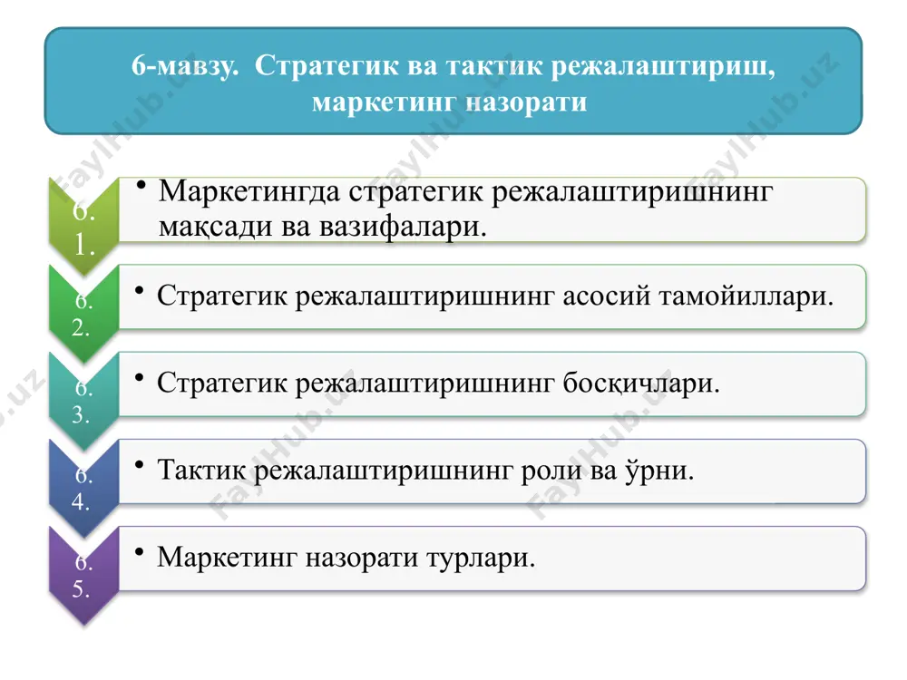 шакллари рентабеллик йиллик 2. маркетинг назорати турлари 06.08.2016 11 максадга эришиш даражасини белгилаш маркетинг назоратининг максадлари корхона мослашув- чанлигини талаб килинган атроф-мухит узгаришларига канчалик мос келишини аниклаш яхшиланиш имкониятини аниклаш 06.08.2016 12 фойдадорликни назорат килиш стратегик назорат йиллик режани бажарилишини назорат килиш маркетинг назорати турлари 06.08.2016 13 маркетингни назорат килиш жараёни боскичлари режа курсаткичларидан хакикийсини имконият фаркини тахлили фаолиятни режа ва хакикий курсаткичлари натижаларини солиштириш фаолиятни хакикий курсаткичлари натижаларини улчаш назорат килишга мулжалланган режа курсаткичларини асослаш янги режалар ишлаб чикиш, корректировкалаш 06.08.2016 14 маркетинг назорати маркетинг–микс самарадорлиги маркетинг хизмати ходимлари фаолияти фирмада маркетинг потниали маркетинг чора-тадбирлари ташқи мухит омиллари тақсимлаш тизимида фаолият маркетинг нуқтаи назаридан аралаш маркетинг бўлими фаолият image1.jpeg image2.jpeg image3.jpeg image4.jpeg image5.jpeg image6.jpeg image7.jpeg image8.jpeg image9.jpeg image10.jpeg image11.jpeg image12.jpeg /docprops/thumbnail.jpeg