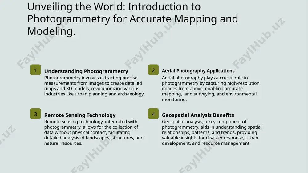spatial analysis, enhancing decision-making processes in various fields. unveiling the power of point cloud data in photogrammetry. 1 harnessing point cloud data point cloud data in photogrammetry refers to a collection of points in a 3d space, enabling precise reconstruction of objects and terrains for various applications. 2 enhancing accuracy in mapping by utilizing point cloud data, photogrammetry can achieve high precision in mapping terrains, structures, and objects, leading to detailed and accurate representations of the real world. 3 revolutionizing geospatial analysis point cloud data revolutionizes geospatial analysis by providing a wealth of information for understanding landscapes, infrastructure, and environmental changes, facilitating informed decision-making processes. remote sensing techniques for precision measurements in photogrammetry. remote sensing techniques play a vital role in photogrammetry, enabling precise measurements through aerial or satellite imagery. by utilizing advanced technology, such as lidar and multispectral sensors, accurate 3d models and maps can be generated for various …