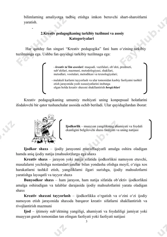 arni yechishga nostandart usullar bilan yondasha olishga moyil, o‘ziga xos harakatlarni tashkil etish, yangiliklarni ilgari surishga, ijodiy mahsulotlarni yaratishga layoqatli va tayyor shaxs bunyodkor shaxs – ham jarayon, ham natija sifatida ob’ektiv ijodkorlikni amalga oshiradigan va talablar darajasida ijodiy mahsulotlarini yarata oladigan shaxs kreativ shaxsni tayyorlash – ijodkorlikka o‘rgatish va o‘zini o‘zi ijodiy namoyon etish jarayonida shaxsda barqaror kreativ sifatlarni shakllantirish va rivojlantirish mazmuni ijod – ijtimoiy sub’ektning yangiligi, ahamiyati va foydaliligi jamiyat yoki muayyan guruh tomonidan tan olingan faoliyati yoki faoliyati natijasi ijodkor shaxs – kasbiy-ijodiy faoliyat tajribalarini qaror toptirish va boyitish asosida ijodiy g‘oya, ularni amalga oshirish ko‘nikma va malakalariga ega shaxsni shakllantirish hamda rivojlantirish. kasbiy-ijodiy faoliyat – mutaxassisning kasbiy masalalarni ijodiy hal qilish muvaffaqiyatini tavsiflovchi faoliyati, innovatsion xatti-harakati ijodiy topshiriqlar – muammoli vaziyatlarni tizimli tahlil asosida hal qilishga yo‘naltirilgan masalalar tizimi kasbiy-ijodiy imkoniyat – 1) kasbiy kompetensiya, malakaga egalik; 2) kasbiy ijod metodologiyasi asoslarini o‘zlashtirganlik; 3)ijodiy tafakkurning …