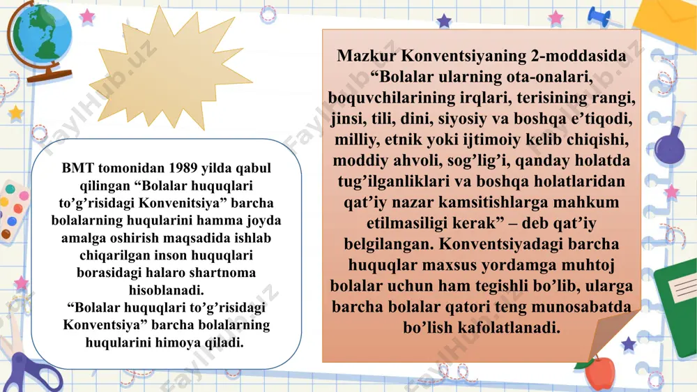 sh va rag'batlantirish va yaxshi amaliyot namunalarini ommalashtirish; muntazam axborot byulletenlari orqali ma'lumot tarqatish, shu bilan barcha evropalik hamkasblarni uyushma va uning a'zolarining ishi, uchrashuvlari va o'qish kunlari to'g'risida xabardor qilish. presentation template by o‘zbekiston rossiya bilan gospital pedagogikani rivojlantirish bo‘yicha shartnoma imzoladi. maktabgacha va maktab ta’limi vazirligi “uchimznayem” gospital maktabi bilan hamkorlik shartnomasini imzoladi. o‘zbekiston va rossiya o‘rtasida gospital pedagogikani rivojlantirish bo‘yicha shartnoma imzolandi. maktabgacha va maktab ta’limi vaziri hilola umarova hamda rossiyaning “uchimznayem” maktabi direktori, gospital maktablar loyihasi tashkilotchisi va rahbari sergey sharikov ishtirokida uchrashuv bo‘lib o‘tdi. presentation template by buyuk britaniya maxsus muassasalarida ta’lim - tarbiya olayotgan og‘ir nuqsonli bolalarni integratsiyalash dasturi ishlab chiqilgan edi. qaysi maktabda integratsion ta’lim tizimi joriy etilgan bo‘lsa, o‘sha maktabga maxsus muassasalarda o‘qitilayotgan bolalarning bir qismi qamrab olindi. integratsiya tizimini yanada puxtaroq joriy etish maqsadida o‘yinlar, jismoniy tarbiya, raqs va bir qancha amaliy mashg‘ulotlar kiritildi finlyandiya integratsiyalashgan bolalarga yordamlashish maktab tibbiy xizmati …