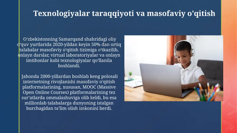 jahonada 2020-yildan keyin masofaviy o'qitishga o'tgan talabalarning 70 foizi onlayn platformalarga moslashishda dastlabki qiyinchiliklarni boshdan kechirgan, ayniqsa, qishloq joylaridagi talabalar uchun bu muammo yanada kuchaygan. masofaviy o'qitishda baholash tizimi samarqand viloyatidagi 5 ta oliy o'quv yurti masofaviy ta'limda studentlarning bilim darajasini baholash uchun portfel, loyiha va amaliy topshiriqlar kabi diversifikatsiyalangan usullardan foydalanmoqda. jahon miqyosida 2023-yil holatiga ko'ra, masofaviy ta'limda 80% dan ortiq o'quv yurtlari avtomatlashtirilgan baholash tizimlaridan, jumladan, plagiat tekshirish dasturlaridan foydalanmoqda. masofaviy o'qitish tizimlarining rivojlanishi 2000-yillarning boshlarida jahonda internetning rivojlanishi bilan birga, masofaviy o'qitish tizimlari, xususan, onlayn kurslar va vebinarlar shaklida samarqand va toshkentdagi oliy o'quv yurtlarida qo'llanila boshlandi. jahonda 2010-yildan keyin mobil texnologiyalarning ommalashuvi tufayli, masofaviy o'qitish uchun mobil ilovalar va platformalarning soni keskin oshdi, bu esa jahondagi qishloq hududlaridagi o'quvchilarga ham ta'lim olish imkoniyatini yaratdi. jahonadagi masofaviy o'qitishning dastlabki bosqichlari jahonda masofaviy o'qitishning dastlabki bosqichlari 1960-yillarning oxirida, ayniqsa, amerika qo'shma shtatlaridagi universitetlar va kollejlar orqali, televideniya va …