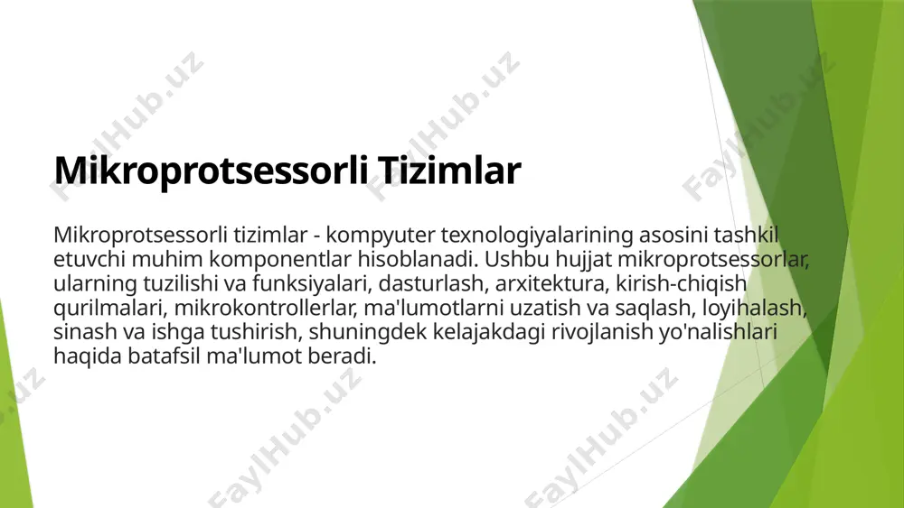 rlar, aktuatorlar mikroprotsessorli tizimlar bilan bog'langan asosiy kirish-chiqish qurilmalari hisoblanadi. bu qurilmalar orqali foydalanuvchi bilan mikroprotsessorli tizim o'rtasida o'zaro aloqa o'rnatiladi. 2 ulanish usullari kirish-chiqish qurilmalari mikroprotsessorli tizimlar bilan turli ulanish usullari orqali bog'lanadi. bu usullar orasida parallel va ketma-ket shinalari, usb, pci, ethernet, wi-fi kabi interfeys standartlari mavjud. 3 interfeys dasturlari kirish-chiqish qurilmalarini mikroprotsessorli tizimga ulash uchun tegishli interfeys dasturlari yoziladi. bu dasturlar qurilmalar o'rtasidagi ma'lumotlar almashuvini boshqarib, ulanish va ma'lumotlar uzatish jarayonlarini amalga oshiradi. 5 mikrokontrollerlar va ularning qo'llanilishi nima mikrokontroller? mikrokontroller - bitta chiptada protsessor, xotira, kirish-chiqish qurilmalari va dasturlash imkoniyatlari birlashgan bir chiplaik kompyuter qurilmasidir. ular turli xil elektron qurilmalarda keng qo'llaniladi, chunki kichik o'lchamli, arzon va funktsional jihatdan moslashuvchan bo'ladi. mikrokontrollerlarning qo'llanilishi mikrokontrollerlar uyda, sanoatda, tibbiyotda, transport vositalarida, atom elektr stansiyalarida va boshqa sohalar qo'llaniladigan turli xil elektron qurilmalarda keng qo'llaniladi. ular avtomatika, robotika, nazorat-o'lchash tizimlari, sensor tizimlarida muhim rol o'ynaydi. asosiy xususiyatlari mikrokontrollerlar quyi …