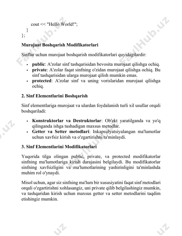slik oladi class car : public transport { public: void start() override { // start metodini qayta aniqlash cout start(); // polimorfik tarzda start metodini chaqirish } // asosiy funksiya int main() { car mycar; bicycle mybicycle; starttransport(&mycar); // avtomobilni ishga tushirish starttransport(&mybicycle); // velosipedni ishga tushirish return 0; } transport sinfi: bu dasturning asosi bo'lib, barcha transport vositalari uchun umumiy interfeysni belgilaydi. start() metodi abstract bo'lib, barcha voris sinflar bu metodni o'ziga xos tarzda aniqlashi kerak. voris sinflar (car va bicycle): har bir sinf transport sinfidan vorislik oladi va start() metodini o'ziga xos tarzda qayta aniqlaydi. masalan, car sinfi kalit yordamida ishga tushiriladi, bicycle esa pedal bosilganda. polimorfizm: starttransport() funksiyasi transport tipidagi ko'rsatkich qabul qiladi va uning start() metodini chaqiradi. bu funksiya har xil transport turlari uchun umumiy tarzda ishlatilishi mumkin, bu esa kodning qayta ishlatilishini va kengaytirilishini osonlashtiradi. #include using namespace std; // asosiy to'rtburchak sinfi class rectangle …