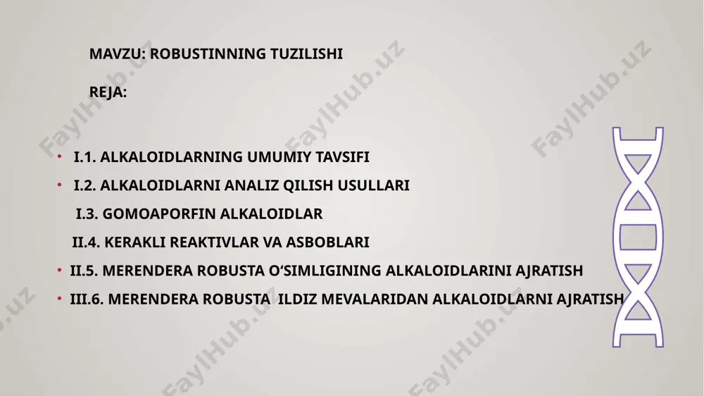 qasida 1, 2, 10, 11 va 12 holatlarda joylashgan beshta o‘rinbosarlar tutuvchi birikmalar hisoblanadi. dastlabki vakillarining tuzilishi spektral ma’lumotlar, alkaloidlarning biogenetik sxemalari, hamda aporfin alkaloidlarining korrelyatsiyasi yordamida o‘rganilgan. markaziy osiyoda o‘suvchi merendera robusta o‘simliklari tarkibidagi alkaloidlar tarkibi quyidagi jadvalda keltirilgan (2-jadval). merendera robusta o‘simliklari qismlaridagi alkaloidlar miqdorining tarkibi, % da. gomoaporfin asoslari evrilgan bifenil sistema tutib, azot atomi yonida asimmetrik uglerod atomiga ega bo‘ladi. buning natijasida alkaloidning solishtirma aylanish qiymati uning absolyut konfiguratsiyasini aniqlash imkonini beradi. bunda qutblangan yorug‘lik tekisligini chapga buruvchi alkaloidlar r-, o‘ngga buruvchilar esa s- konfiguratsiyaga ega bo‘ladi. shunga ko‘ra gomoaporfin asoslarini ikki guruhga ajratiladi. kerakli reaktivlar va asboblari sintezda ishlatilgan reaktivlar tozalandi va tozalik darajasi kimyoviy analiz yo‘li bilan tekshirildi. olingan alkaloidlar tarkibidagi elementlar miqdori keldal usuli bilan aniqlandi. bunda katalizator sifatida rb (ii) tuzlaridan foydalanildi. komponentlarning suyuqlanish harorati ma’lumotnomadagi kattaliklar bilan taqqoslanadi. ub-spektri metanolli va suvli eritmalardan bekman spektrometrida (model 25) olindi. iq-spetrlari ikkita nurli …