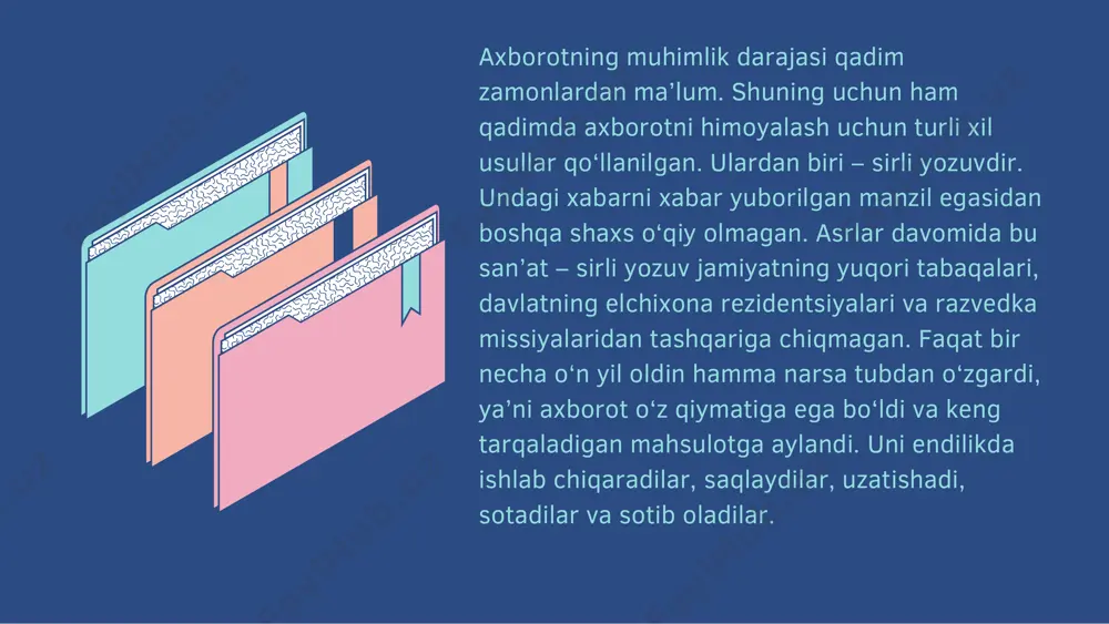 t etilmagan vaqtda ulanish ushbu xavf global tarmoqlarning bir qancha soxalarini kamrab oladi, jumladan: • lokal soha; • lokal-global tarmoqlarning birlashuvi; • muhim axborotlarni global tarmoqlarda junatish; • global tarmoqning boshqarilmaydigan qismi. tarmoqlararo ekran va uning vazifalari tarmoqlararo ekran — himoyalash vositasi bo‘lib, ishonchli tarmoq, va ishonchsiz tarmoq orasida ma’lumotlarga kirishni boshqarishda kullaniladi. tarmoqlararo ekran ko‘p komponеntli bo‘lib, u internetdan tashkilotning axborot zaxiralarini himoyalash stratеgiyasi sanaladi. ya’ni tashkilot tarmogi va internet orasida kuriklash vazifasini bajaradi. tarmoqlararo ekranning asosiy funktsiyasi — ma’lumotlarga egalik qilishni markazlashtirilgan boshqaruvini ta’minlashdan iborat. elеktron pochtadan foydalanish elеktron pochta yoki e-mail hozirgi kunda internetdan foydalanish jarayonining eng mashxur kasmi hisoblanadi. e- mail orqali dunyo buyicha istalgan joyga bir zumning uzida xat yuborish yoki kabul qilish hamda yozilgan xatlarni faqatgina bir kishiga emas, balki manzillar ruyxati buyicha junatish imkoniyati mavjud. e-mail orqali munozaralar o‘tkazish imkoniyati mavjud va bu yunalishda usenet sеrvеri qo’l kеladi. ko‘pgina korxonalar uz faoliyatida bеvosita …