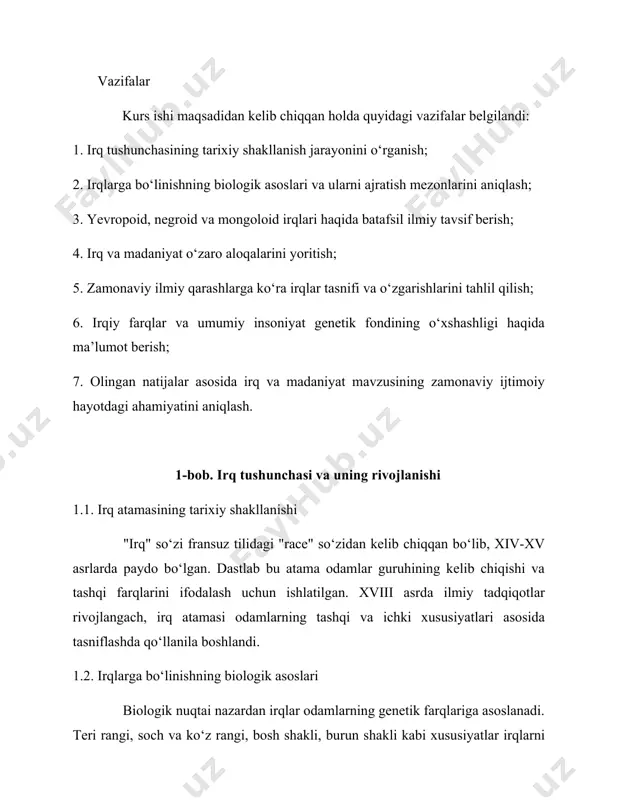 utlar orqali izohlangan.o‘rta asrlarda, ayniqsa yevropada, odamlarni diniy, etnik va madaniy belgilar asosida tasniflash kuchaygan. shu bilan birga, geografik kashfiyotlar davrida (xv–xvi asrlar) yevropaliklar boshqa qit’alardagi xalqlar bilan tanishgan sari ularning tashqi ko‘rinishidagi farqlar ko‘proq e’tiborni torta boshlagan.uyg‘onish davri va ilk ilmiy yondashuvlar xvi–xvii asrlarda ilm-fan taraqqiyoti natijasida odamlarni biologik belgilariga ko‘ra tasniflash g‘oyalari shakllandi.fransuz olimi fransua bernye 1684-yilda odamlarni birinchi marta "irq"larga ajratish haqida yozgan.karlo linney (1707–1778) o‘zining "sistema naturae" asarida inson zotini qit’alar va tashqi belgilar asosida tasniflagan yogann fridrix blumenbach (1752–1840) esa 5 ta asosiy irqni ajratib ko‘rsatdi (yevropoid, mongoloid, malay, amerika va etiop). xix–xx asrlar xix asrda irq tushunchasi yanada "ilmiy" asoslangan holda o‘rganila boshladi. bu davrda antropometriya (odam tana o‘lchamlarini o‘rganish), kraniologiya (bosh suyagini o‘rganish) rivojlandi va irqlar oralig‘idagi farqlarni aniq o‘lchashga urinishlar ko‘paydi. afsuski, bu davrda ayrim olimlar irqiy ustunlik g‘oyalarini ham ilgari surishdi (masalan, poligenizm nazariyasi). xx asr va zamonaviy davr xx asr …