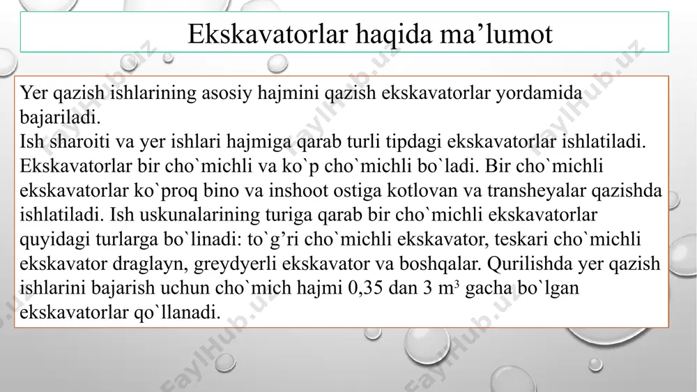 universal va maxsus ekskavatorlar boiadi. konstruksiyasi har xil turdagi ish jihozlaridan ko‘p miqdorda foydalanishga imkon beruvchi mashinalar universal ekskavatorlar deb ataladi.yarim universal ekskavatorlar deb, cheklangan miqdordagi ish jihozlaridan foydalanadigan mashinalarga aytiladi. to’g’ri cho’michli ekskavator haqida ma’lumot bir cho’michli ekskavatorlarning foydalanishdagi ish unumdorligi quyidagicha aniqlanadi: bu yerda: q - cho’michningsig’imi (hajmi), m3 kn - cho’michini to’lish koeffitsienti (0,9-1,2); kn = q'/q q'- cho’michdagi yumshatilgan gruntning hajmi; kv - ekskavatordan vakt bo’yicha foydalanish koeffishenti (0,65 + 0,8); kyu-gruntni yumshatish koeffitsienti (1,1-1,4); n-bir soatlik ishdagi tsikllar soni; tts - bitta tsiklni davomiyligi, s. bu yerda: tk -qazish:tbb -bo’shatishiga burish:tb - bo’shatish:tz b -qazishga qaytish vaqtlarining davomiyligi, s: to’g’ri cho’michli ekskavatorlarini qo’llab yer ishlarini bajarish ekskavator bilan grunt qazish jarayoni birta davrada ma’lum ketma-ketlikda bajariladigan operatsiyalardan iborat: gruntni qirqish va cho‘michni to‘ldirish, grunt bilan cho‘michni ko‘tarish, to‘kish joyiga ekskavatorning o‘z o‘qi atrofida burilishi, cho‘michdan gruntni to‘kish, ekskavatorning zaboyga qayta burilishi, cho‘michni tushirish va gruntni …