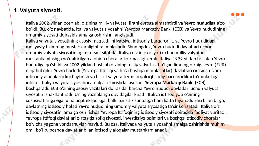 yniqsa turizm, keskin kamaydi, bu esa xizmatlar balansining -5.3% ga kamayishiga olib keldi. 2021-yilga kelib, to‘lov balansining joriy hisobida +3.4% gdp qayd etildi. tovarlar va xizmatlar eksporti tiklana boshladi, ayniqsa yuqori sifatli mahsulotlar eksporti o‘sdi. turizm sektori bir qismlarga tiklandi, bu xizmatlar balansining yaxshilanishiga olib keldi. 2022-yilda to‘lov balansining joriy hisobida -0.1% gdp saldosi qayd etildi. tovarlar balansida eksportning o‘sishiga qaramay, importning oshishi balansni yomonlashtirdi. xizmatlar sektori, xususan turizm va boshqa xizmatlar, global iqtisodiy muammolar tufayli qayta tiklanishdan sekinlashdi. 2023-yilda to‘lov balansining joriy hisobida -0.3% gdp saldosi bo‘ldi. tovarlar eksporti qisman o‘sganiga qaramay, global energiya narxlari va iqtisodiy noaniqliklar tufayli import ortdi. xizmatlar eksporti ham o‘sdi, lekin global inqiroz va inflyatsiya ta'siri sezildi. 3 to‘lov balansi. ... t.me/slaydai_bot italiyada fond bozori iqtisodiyotning asosiy qismi bo‘lib, xalqaro va milliy investitsiyalarning muhim markazi hisoblanadi. milandagi borsa italiana italiya fond bozorining bosh markazi bo‘lib, u aksiyalar, obligatsiyalar va moliyaviy vositalarni o‘z ichiga oladi. …