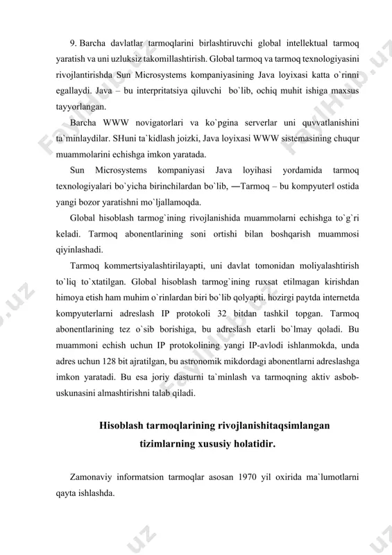 di. birinchi navbatda, bu tarmoqdagi katalog va fayllarni himoya qilishni tashkil etish bo`lib, bu jamoa ishidagi ayrim ajratilgan resurslariga (qattiq magnit disk, printer, plotter) kirishga ruxsat olish tizimidan iboratdir. zamonaviy ishlab chiqarish, axborotlarni yuqori tezlikda ularni qayta ishlash, saqlash, uzatish usullarini qulayligini va mamlakat iqtisodiyotidagi iqtisodiyotni boshqarishda katta jamoani ishtirok etishini talab etadi. bunday jamoalar shaharning turli tumanlarida, regionlarida joylashgan bo`lishi mumkin. boshqaruv vazifalarni echishda, aktual tezlik, axborotlarni almashtirish qulayligi, shuningdek boshqarish vazifalarini qayta ishlash jarayonlarda barcha ishtirok etuvchilarni o`zaro chambarchas aloqasini o`rnatish lozim. bu maqsadga muvofiq ma`lumotlarni markazlashtirgan qayta ishlash maqsadga muvofiq bo`lmay qoldi. shuning uchun hisoblash tarmoqlari barpo etilishi, axborotlarni tezkorlik bilan qayta ishlanishi, ularni to`liq saqlash, uzatish jarayonlarini operativ, to`liq, aniqlik darajasida etkazishni amalga oshiradi. kichik ehm, mikro ehm va shaxsiy kompyuterlarning barpo etilishi ma`lumotlarni qayta ishlash tizimlarini tashkil etishga, yangi informatsion texnologiyalarni barpo etishga olib keldi. markazlashtirilgan tizimlardagi ehm larga taqsimlangan ma`lumotlarni qayta ishlashga o`tkazish mantiqan …