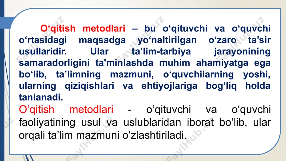 v): o‘quvchilarni qiziqtiruvchi muammoli savollar qo‘yiladi. masalan: "nima uchun tarixiy voqealar hozirgi jamiyatga ta’sir qiladi?" b) loyihalash texnologiyasi: o‘quvchilar guruhlarda yoki yakka tartibda loyihalar tayyorlaydi. masalan: ekologiya, fan yoki tarixiy mavzularda tadqiqot loyihalari. c) o‘yinli o‘qitish metodlari: rolli o‘yinlar, taqlidiy mashg‘ulotlar (simulyatsiyalar). masalan: “sud majlisi” o‘yini orqali o‘quvchilar huquqiy bilimlarni amaliy qo‘llashni o‘rganadilar. o‘qitish metodlarining rivojlanish tendensiyalari hozirgi zamon pedagogikasi o‘z oldiga quyidagi vazifalarni qo‘ymoqda: individuatlashtirish: har bir o‘quvchining qobiliyat va ehtiyojlariga ko‘ra yondashuv. integratsiya: fanlararo aloqadorlikni ta'minlash. ko‘p tarmoqli o‘qitish: bir mavzuni turli fanlar nuqtai nazaridan ko‘rib chiqish. raqamli texnologiyalar: o‘quv jarayonini avtomatlashtirish va interaktiv qilish. o‘qitish metodlari doimiy rivojlanib, ta’lim jarayonini sifatli va qiziqarli qilishga xizmat qilmoqda. ularni o‘qituvchining ijodkorlik bilan tanlab qo‘llashi o‘quvchilarning bilim olish jarayonidagi faolligini oshiradi. shuningdek, metodlarning samaradorligini oshirish uchun ularni turli shakllarda va zamonaviy texnologiyalar bilan uyg‘unlashtirish muhim ahamiyatga ega. o‘qitish metodlarini amaliyotda qo‘llash jarayoni ta’lim jarayonining markaziy qismini tashkil etadi. bu jarayon …