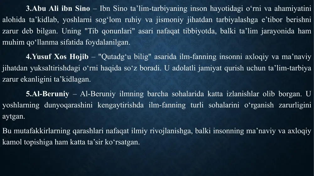 arobiy: ta’limning inson ma’naviy kamolotidagi rolini ta’kidlagan. g‘arb o‘rta asrlari ta’lim diniy bilimlarga asoslangan bo‘lib, monastir maktablari rivojlandi. foma akvinskiy: din va ilm-fanni uyg‘unlashtirish orqali inson tarbiyasiga yondashdi. 3.uyg‘onish davrida pedagogik g‘oyalar xiv-xvi asrlarda g‘arbiy yevropada insonparvarlik (gumanizm) g‘oyalari tarqaldi va ta’limning yangi shakllari paydo bo‘ldi. erazm rotterdamskiy: insonni komillikka yetkazishda ta’lim va tarbiyaning o‘rni haqida yozgan. mikelanjelo va leonardo da vinchi: san’at va ijod orqali insonning ijodiy qobiliyatlarini rivojlantirish g‘oyasini ilgari surgan. françois rabelais: ta’limni hayotiy amaliyot bilan bog‘lash kerakligini ta’kidlagan. 4.yangi davr pedagogik g‘oyalari xvi-xviii asrlar davomida ta’lim jarayoni ilmiy asoslangan holda shakllanib bordi. jan amos komenskiy (1592–1670): "didaktika" asoschisi. ta’lim jarayonida bosqichma-bosqich o‘qitish, qulay va tushunarli usullarni qo‘llash zarurligini aytgan. jon lokk: bola tabiatini "toza varaq" (tabula rasa) deb bilgan va tarbiya orqali insonni shakllantirish mumkinligini ta’kidlagan. jan-jak russo: "emil" asarida tabiiy tarbiya g‘oyasini ilgari surgan. uningcha, bolaga erkinlik berib, uning tabiiy qobiliyatlarini rivojlantirish kerak. 5.xix asr …