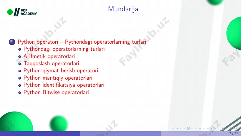 . 1 print(3 > 4) natija: 4 10 / 31 3 kichik yoki teng ( =) – operatorning chap tomonidagi qiymat o’ngdagi qiymatdan katta yoki teng ekanligini tekshiradi.birinchi raqamni ikkinchisining darjasiga ko‘taradi. 1 print(8 >= 8) natija: true 11 / 31 5 tenglik (==) – bu operator operatorning chap tomonidagi qiymat o’ngdagiga teng yoki yo’qligini tekshiradi. 1 print(8 == 8.0) natija: true 6 katta yoki teng (>=) – operatorning chap tomonidagi qiymat o’ngdagi qiymatdan katta yoki teng ekanligini tekshiradi.birinchi raqamni ikkinchisining darjasiga ko‘taradi. 1 print(8 == 8.0) natija: true hamda quyidagicha taqqoslashlar ham o‘rinli: 1 print(true == 1) natija: true 12 / 31 1 print(true == 7) natija: false 1 print(false == 0) natija: true 1 print(false == 0.5) natija: false 13 / 31 6 teng emas (!=) – operatorning chap tomonidagi qiymat o‘ngdagi qiymatga teng emasligini tekshiradi. python operatori <> xuddi shu ishni bajaradi, lekin python 3 da olib …