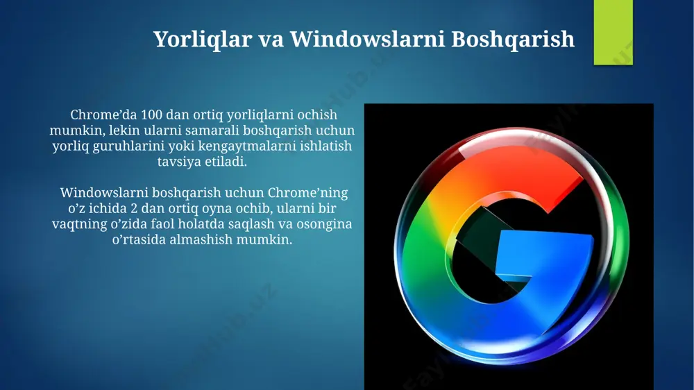 a sinxronlash imkonini beradi. mobil va kompyuter sinxronlashuvi mobil va kompyuterdagi chrome'dagi ochilmagan xabarnomalar, sahifalar va yuklab olingan fayllar kabi 5 turdagi ma'lumotlarni avtomatik ravishda sinxronlash mumkin. google chrome’da 100 tagacha qurilmada, shu jumladan kompyuter va mobil telefonlarda, brauzer sozlamalari, parol va kitob belgilarini sinxronlash imkoniyati mavjud. ovozli qidiruv va tarjima chrome’ning ovozli qidiruv funksiyasi 100 dan ortiq tilni qo'llab-quvvatlab, matn kiritishdan ko'ra tezroq qidiruv natijalarini taqdim etadi. ovozli tarjima vositasi 90 dan ziyod til orasida onlayn tarjima qilish imkoniyatini beradi, bu esa real vaqtda muloqot qilishni osonlashtiradi. e'tiboringiz uchun rahmat @taqdimot_robot image6.jpg image7.jpg image8.jpg image9.jpg image10.jpg image11.jpg image12.jpg image13.jpg image14.jpg image15.jpg image16.jpg image17.jpg image2.png image3.png image4.png image5.png