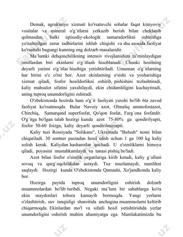 iqarishi jarayonlarida kimyoviy moddalarni qoʻllash; kimyo, biokimyo, mikrobiologiya va agrokimyo fani yutuklaridan foydalangan holda kam mehnat va mablagʻ sarflab olinadigan mahsulot hajmini koʻpaytirish va sifatini yaxshilashga qaratilgan kompleks tadbirlardan biri. qishloq xoʻjaligini "kimyolashtirish" atamasi 20-asrning 30-yillarda turli zonalarda oʻgʻitlar tizimini qoʻllash tufayli rus olimi d.n.pryanishnikov (1865—1948) tomonidan taklif qilingan. oʻgʻitlardannnn foydalanish, tuproqni kimyoviy melioratsiyalash (ohaklash, gipslash), oʻsimliklarni begona oʻtlardan, zararkunandalar va kasalliklardan muhofaza qilish; defoliatsiya va desikatsiya; oʻsimliklarning oʻsishi hamda hosil berishini boshqarish; chorvachilikda ozuqa va dorivor vositalar ishlatish, qishloq xoʻjaligi mahsu-lotlarini konservalash, melioratsiya, qishloq xoʻjaligi qurilishi va boshqalarda sintetik materiallardan foydalanishni oʻz ichiga oladi. oʻgʻitlardan foydalanish qishloq xoʻjaligik.ning asosiy yoʻnalishidir. oʻgʻit hosildorlikni oshiradi. mineral oʻgʻitlar ishlatilganda hosilning qay darajada ortishi koʻpgina omillar (tuproq, iqlim, tashkiliy-iqtisodiy sharoit, ekin navlari, ekish texnologiyasi, oʻgʻitning sifati va boshqalar)ga hamda birinchi navbatda, dehqonchilik madaniyatiga bogʻliq. oʻgʻitlarni ilmiy asosda qoʻllash nafaqat hosildorlikning oshishi, balki qishloq xoʻjaligi mahsulotlari, mas, donda oqsil miqdorining hamda uning aminokislota tarkibini …