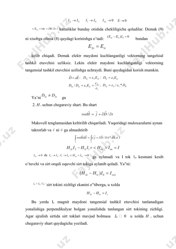 u xolda xosil bo„ladi. vektor analizning asosiy formulalarini siga ko’ra edi, shundan foydalanib (ii) dagi roteni xisobga olgan xolda (3) ni quydagicha yozish mumkin: endi: tengliklarni xisobga olamiz, (bu tengliklarni o’rinli bo’lishining sababi va · bog’lanishlarda) va v xajmni vaqtga bog’liq emasligini xam nazarda tutamiz: (5)ni chap tomonidagi birinchi integralni ko„rinishini gauss-ostrogradskiy teoremasidan foydalanib o„zgartiramiz: bu yerda belgilash kiritilgan. demak (6) va (7) larni xisobga olganda (5) quydagi ko’rinishini oladi: oxirgi ifoda elektromagnit maydon uchun energiyani saqlanish qonunini ifodalaydi.(6) da kiritilgan belgilash ya‟ni: v xajmdagi elektromagnit maydonning energiyasidan iborat. (8) ifoda qaralayotgan xajmdagi elektromagnit maydon energiyasi ikki faktorning ta‟sirida o„zgarilishini ko„rsatadi: 1) joul issiqligi ajralib chiqqanda 2) v xajmni chegaralab turuvchi s sirt orqali energiya oqimi yuz berganda. (8) ning o„ng tomonidagi ikkinchi xad qaralayotgan xajmni chegaralab turuvchi sirt orqali elektromagnit energiyasi oqimini xisobga olganligi uchun vektor elektromagnit maydon energiyasini fazodagi xarakatini ifodalaydi. bu vektor poynting vektroi deyiladi. adabiyotlar: 1. …
