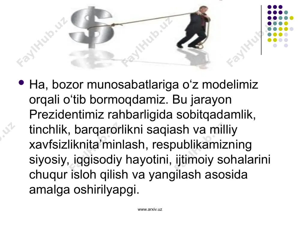 arxiv.uz endilikda bozor iqgisodiyoti turli xizmatlar ko‘rsatish, tovarlar iishab chiqarish, ularni ayirboshlash munosabatla-rining barcha soxdarini borgan sari keng qamrab olmoqda. bu jarayon o‘z navbatida har bir fuqarodan tadbirkorlik bilan ish ko‘rishni, tadbirkor faoliyatini tobora rivojlantirib borishni taqozo etmokda. www.arxiv.uz www.arxiv.uz tadbirkor — biznesmenlik faoliyati asosan xviii asrda paydo bo‘lib, ko‘pincha "mulkdor" degan tushuncha bilan teng anglangan. xususan, a. smit biznesmenni foyda olish uchun biron bir tijorat g‘oyasini amalga oshirish maqsadida tavak-kalchilik bilan ish ko‘ruvchi mulkdor, deb ta’riflaydi. tadbirkorning barcha xarakatlari asosan bozor imkoniyat-larini taxlil qilish, undan foydalanish, novatorlik goyalarini amalga oshirishdan iborat bo‘ldi. www.arxiv.uz www.arxiv.uz g‘arbda biznesga foyda olish maqsadini ko‘zlab, xo‘jalik yuritish san’ati, ijodkorlik, tashabbusning erkin namoyon bo‘lishi, navatorlik, xavf-xatarga doim taiyor turish kabi ko‘p qirrali faoliyat deb qaraladi. bizning tafakkurimizda ham tadbirkorlikka nisbatan shu singari tushuncha paydo bo‘lmoqsa. tadbirkorlik bilan shug‘ullanmoqchi bo‘lgan shaxslardan mahorat, zehn, akl va xushyorlik talab egiladi va bu xislatlar muhim ahamiyat kasb etadi, albatta. …