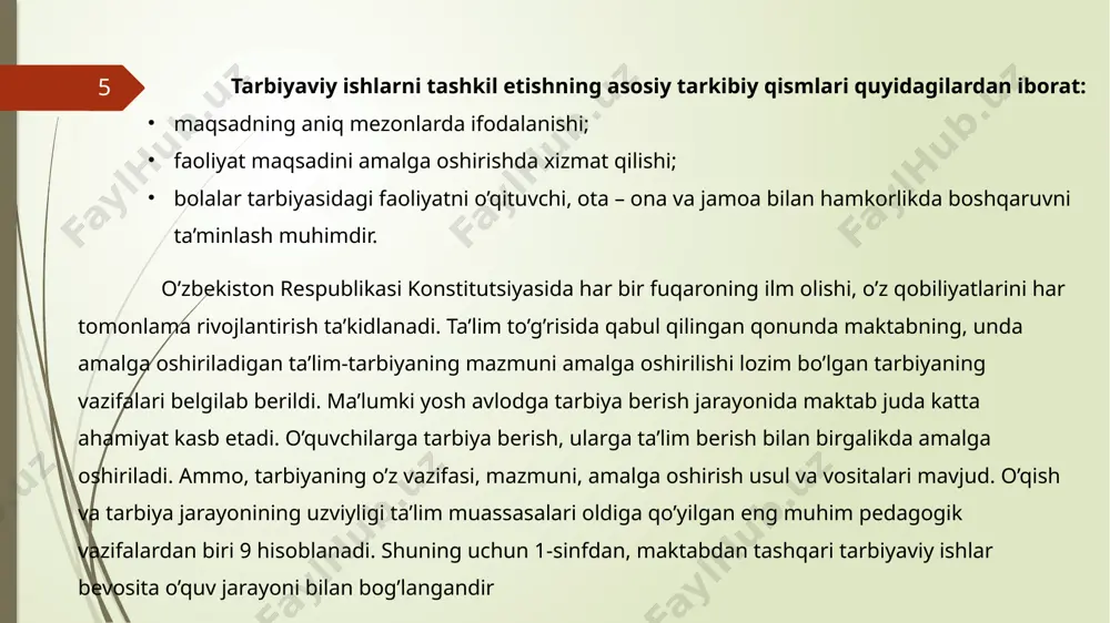 ish masalasi ustida ish olib boradi va o‘z oldiga o‘quvchilarda ekologik madaniyatni shakllantirishdek maqsadni qo‘yadi. ekologik tarbiyaning mazmuniga ekologik onglilik, ekologik his-tuyg‘ular (tabiatga, insonlarga, hayotga nisbatan munosabatlar) kiradi. demak, ekologik tarbiya inson hayotida, jamiyatda, vatanda muhim ahamiyat kasb etadi. ekologik tarbiyaning shakllanishiga ekologik bilimlarni egallash bilan bir qatorda ekologik munosabatlarni ham shakllantirib borish zarur. ekologik munosabatlarga quyidagi kabi komponentlarni kiritish mumkin: xulosa xulosa qilib shuni aytish mumkinki tarbiyaviy ishlar jarayonida tarbiya uch narsaga ehtiyoj sezadi: iste’dodga, ilmga va mashqqa degan edi, ulug’ olim arastu. shunga asosan tarbiya ishi bilan shug’ullanuvchilar quyidagilarga amal qilishlari lozimdir: - tarbiyaviy ishlar jarayonida va tarbiyada ulg’ayotgan inson shaxsini oliy ijtimoiy qadriyat deb bilish, har bir bola, o’smir va yoshlarning o’ziga xosligini hurmat qilish; - milliylikning o’ziga xos an’ana, vositalariga tayanish, milliy merosga asoslanish; - o’quvchilar faoliyatida tarbiyaviy jarayonning asosini tashkil qilish, qiziqarli, to’laqonli bolalar yosh jihatlariga mos turli xil ma’naviy-ma’rifiy tadbirlarga qatnashishini ta’minlash, mehnat, ijtimoiy …