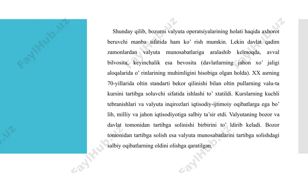 yo’ naltirilgan va asosiy tarmoqlarga, kichik va xususiy, tadbirkorlikni qo’llab-quvvatlashga, xorijiy investitsiyalarni jalb qilishga qaratilgan tuzilmasi qayta o’ zgarishlar va iqtisodiyotning real sektorini rivojlantirish, respublikada o’ tkazilayotgan islohotlarning asosiy tarkibiy qismi bo’ lib qoldi. tanlangan ustuvor yo’ nalishlarning to’ g’ riligi shu bilan tasdiqlandiki, jahon bozorlarini qamrab olgan salbiy jarayonlardan saqlangan holda ichki moliya bozorini har qanday ta’sirlardan saqlab qolishga muvaffaq bo’ lindi. valyuta siyosatining ikkita asosiy, o’ zaro qarama-qarshi omillari mavjud, ya’ni valyuta kursidan moliyaviy barqarorlashtirish quroli sifatida foydalanish lozim. birinchi holatda valyuta kursi barqaror va qaysidir ma’noda bahosi ko’ tarilgan bo’ lishi (bu narsa baholar o’ sib ketishining oldini oladi) kerak. ikkinchi holatda esa u ancha qayishqoq va bahosi pasaytirilgan bo’ lishi (eksportni rag’ batlantirish maqsadida) lozim. valyuta siyosatining muhim yo’ nalishlaridan biri valyuta rejimlari sanaladi. valyuta rejimlari, ma’lumki, ayirboshlash kursi belgilangan yoki erkin suzuvchi kurslardan iborat bo’ lishi mumkin. bundan tashqari, «boshqariladigan suzuvchi» deb ataladigan kurs ham …