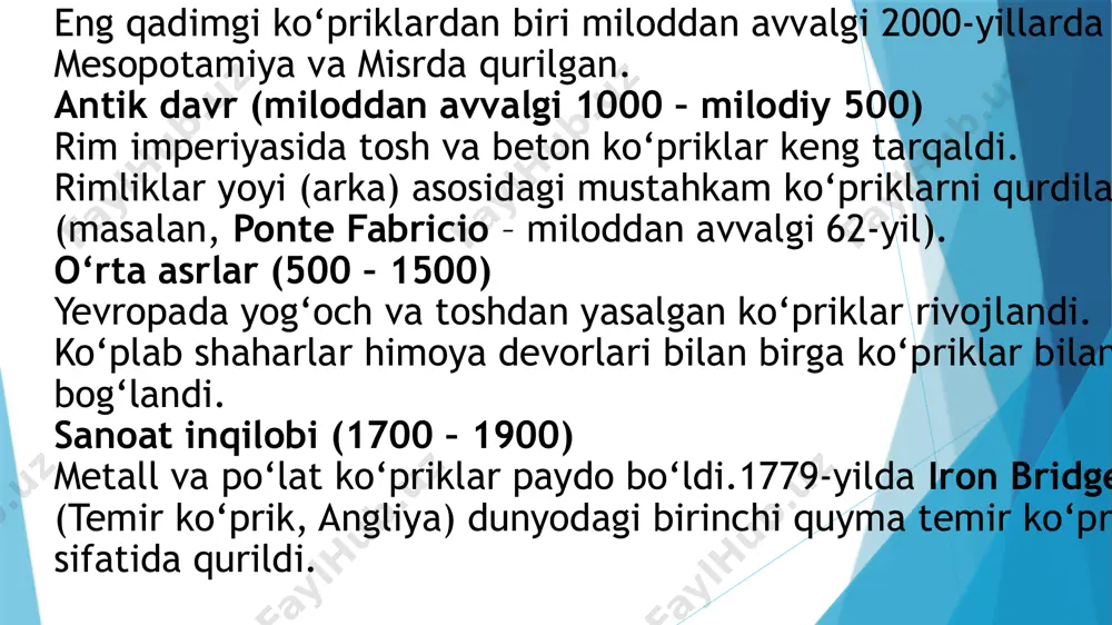 •kichik ko‘prik – ko‘prik oralig’i to‘la uzunligi 25m gacha bo‘lganda; •o‘rta ko‘prik – ko‘prik oralig’i to‘la uzunligi 25 dan 100m gacha bo‘lganda; katta ko‘prik – ko‘prik oralig’i to‘la uzunligi 100m dan katta bo‘lganda; ko‘prikning uzunligi – ko‘prik chetki tayanchlarining tashqi qirralari bo‘yicha o‘tgan o‘qlar orasidagi masofa; ko‘prikning sof oralig‘i l0 – suvning pastki sathi (sps) va suvning yuqori sathi (syus) orasidagi o‘rtacha chiziq bo‘yicha oraliqlar sof uzunligi (ya’ni suv o‘tish chizig‘i) yig‘indisi; •ko‘prik balandligi h – sps dan harakat yuzasigacha bo‘lgan masofa; •ko‘prik osti sof balandligi h0 – syus dan oraliq qurilma ostigacha bo‘lgan masofa; •ko‘prikning qurilish balandligi h – rels ostidan (qatnov qismi ustidan) oraliq qurilma ostigacha bo‘lgan masofa. •tayanchning balandligi – tayanch tepasidan gruntgacha bo‘lgan masofa; •hisobiy oraliq – oraliq qurilmaning ikki qo‘shni tayanchlarga tayanish o‘qlari orasidagi masofa; •ko‘prikning kengligi – ikki tomondagi panjaralar orasidagi ochiq masofa; •oraliq qurilmaning kengligi – eng chetki bosh to‘sinlar o‘qlari orasidagi masofa; …