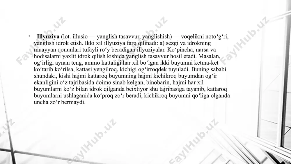 , tasavvur va xayol (ikkilamchi obraz), nutq- fikrlash darajalaridir. idrok ham sezgilar kabi ob`ektiv borliqni bevosita aks ettiruvchi jarayonlar tarkibiga kiradi. idrok deganda, ob`ektiv vokelikdagi predmet va hodisalarning sezgi a`zolariga bevosita ta`sir etishi natijasidagi sub`ektiv aks ettirish tushuniladi. bu ta`sir natijasida sub`ektda narsa va hodisalarning yaxlit obrazi shakllanadi. sezgilardan farqli o`laroq idrok hissiy bilishning yangi bosqichi bo`lib, predmet va hodisalarni barcha xususiyatlari bilan birgalikda aks ettirilishidir. 9 idrok obrazlarida ob`ektlarning muhim xususiyatlari: fazodagi joylashgan urni (lokalizatsiya), uzoq-yaqinligi, yo`nalishi, rel’efi, hajmi, davomiyligi, izchilligi va boshqalar aks ettiriladi. bu xususiyatlar idrokning makon va zamondagi tuzilishini tashkil etadi . shu bilan birga idrok modallik va intensivlik (jadallik) xususiyatiga ham ega. 10 idrok illuziyalariga misollar idrok illuziyalariga misollar image2.jpg image3.png image4.png image1.jpg