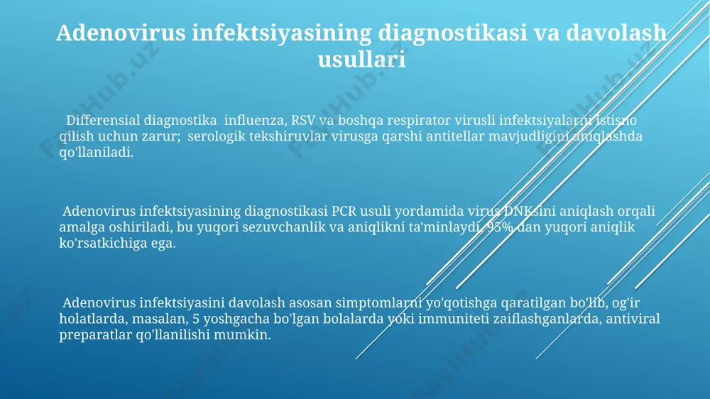 hqozon-ichak trakti yallig'lanishiga olib kelishi mumkin, bu qusish, diareya va qorin og'rig'i kabi simptomlar bilan namoyon bo'ladi, bu 2-5 kun davom etishi mumkin. adenovirus infektsiyasi ko'pincha yuqori nafas yo'llari kasalliklari, masalan, faringit, laringit va traxeit shaklida namoyon bo'ladi, bu 3-10 kun davom etadi va isitma, yo'tal va burun bitishi bilan birga keladi. e'tiboringiz uchun rahmat @taqdimot_robot