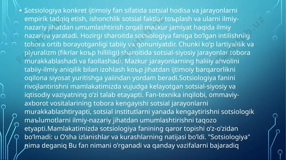 osabatlar va sotsial birliklardir. sotsiologiya uchun kishi bilan kishilar, inson bilan jamoa va inson bilan jamiyat оъrtasida vujudga keladigan, qaror topadigan va amal qiladigan sotsial munosabatlar muhimdir.sotsiologiya fanini kishilar, sotsial guruhlar va jamiyat оъrtasida vujudga keladigan ijtimoiy munosabatlar (siyosiy, iqtisodiy, oilaviy, diniy, ilmiy, huiuiiy, milliy va hokazo) emas, balki sotsial munosabatlar qiziqtiradi. sotsial munosabatlar konkret sharoit va vaziyatda biron bir sotsial guruhga mansub bоъlgan kishilar оъrtasida tarixan tarkib topgan aloqalar tizimidir.sotsial munosabatlar sotsial faoliyat jarayonida, yaъni kishilarning muayyan maqsadlarni amalga oshirish, konkret ehtiyojlarini qondirishi bilan boгъliq bоъlgan birgalikdagi faoliyati jarayonida vujudga keladi.sotsial munosabatlar jamiyatda amal qiluvchi barcha munosabatlar orasida eng muhimidir.chunki har qanday ijtimoiy munosabat sotsial munosabatlar orqali namoyon bоъladi.yaъni sotsial munosabatlar jamiyatda amal qiluvchi har qanday munosabatlarga dahldordir."sotsial munosabat" tushunchasini "ijtimoiy munosabat" tushunchasidan farqlash muhimdir.ijtimoiy munosabatlar jamiyatda amal qiluvchi barcha munosabatlar majmuasidir."sotsial munosabat" tushunchasi esa konkret inson bilan inson, inson bilan jamoa va inson bilan jamiyat оъrtasida amal qiladigan …