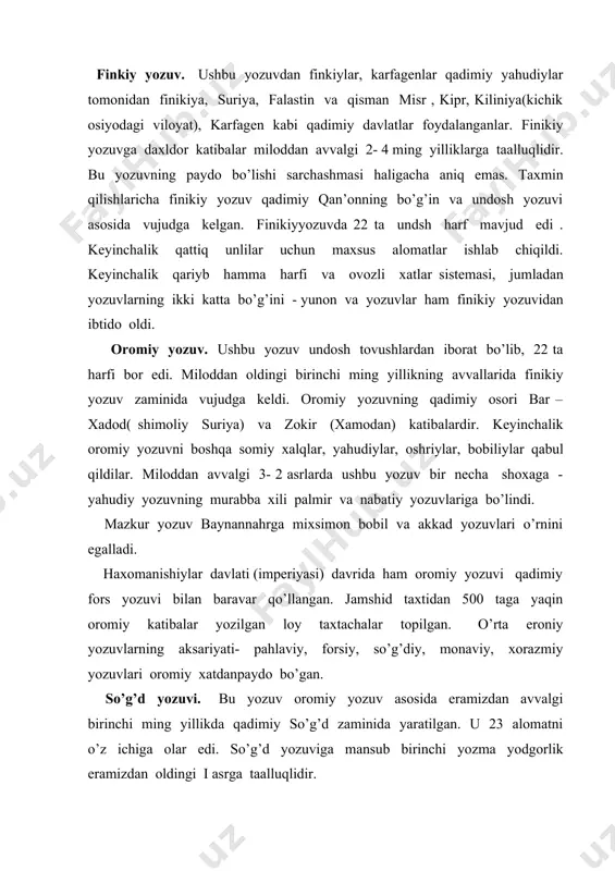 zuvlari oromiy xatdanpaydo bo’gan. so’g’d yozuvi. bu yozuv oromiy yozuv asosida eramizdan avvalgi birinchi ming yillikda qadimiy so’g’d zaminida yaratilgan. u 23 alomatni o’z ichiga olar edi. so’g’d yozuviga mansub birinchi yozma yodgorlik eramizdan oldingi i asrga taalluqlidir. so’g’d yozuvining alomatlarini birinchi bor frnsuz olimi r. goto fransliteratsiya qilgan edi. so’g’d yozuvida avvallari bir – biriga ulangan harflar (ligaturalar) juda kam bo’lgan. har bir harf o’zining alohida yozma shakliga ega bo’lib, ularni bemalol bir- biridan farq qilishi mumkin edi. vi –asrning boshlarida ,,sutra yozuvi’’ nomukammal finik so’g’d yozuvi taraqqiy etdi va x asrda keng qo’llanildi. bu yozuv bilan budda dinining yozma yodgorliklari yozilgan. mukammal finik so’g’d yozuvi sakkizinchi asr o’rtalarida vujudga keldi. bu yozuv bilan mug’ tog’ afrosiyob va panjakent katibalari yozilgan siniq so’g’d yozuvida ulangan harflar ko’proq ishlatilgan va alomatlarni bir – biridan farqlash ancha qiyin bo’lgan. mutaaxir siniq so’g’d yozuvi ( bu yozuvni “uyg’uriy so’g’d “ yo “ …
