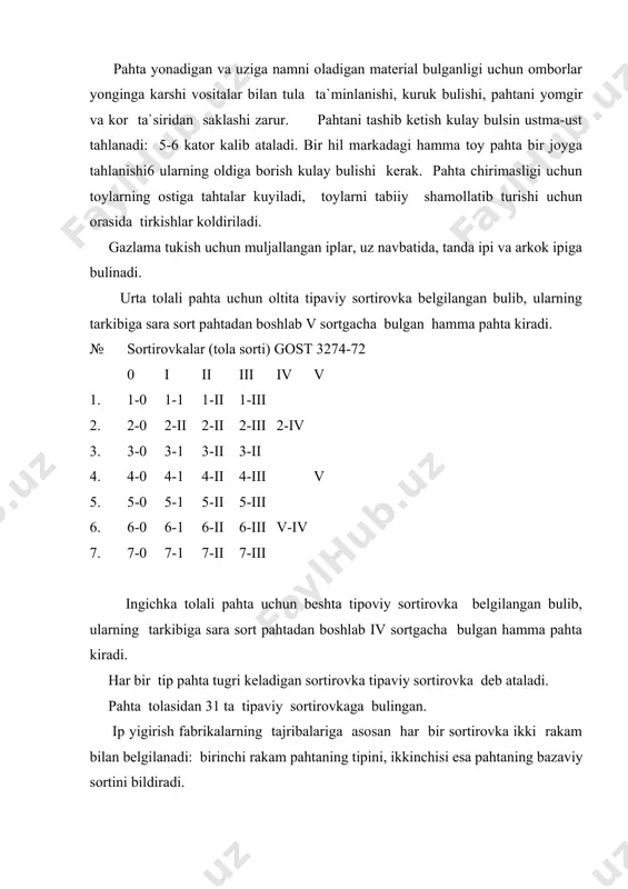 ararlangan chikindilar kurpa - yostik va kiyim - kechakka ishlatiladigan pahta fabrikasiga junatiladi. bunday chikindilardan tashkari, kuzga kurinmaydigan chikindilar ham buladi. bular ishlash jarayonida pahtadan chikkan chang va mahsulotning kurishi natijasida yukotilgan namligidir. chikindilar kancha kam bulsa, pahta yoki aralashmadan shuncha kup ip chikadi, shu sababli chikindilar uchun norma belgilanadi. ipning chikishi kuyidagi formuladan aniklanadi: qi qi v1 = ------- * 100% b2 = ------* 100% q1 q2 bu erda, v1 - pahtadan ip chikishi, % v2 - aralashmadan ip chikishi, % qi - olingan ip massasi, kg q1 - ishlatilgan pahta massasi, kg, t q2 - ishlatiladigan aralashma mikdori, t sarf kilingan pahta yoki aralashma massasi bilan olingan ip massasi urtacha ayrim chikindilar massasini tashkil kiladi. odatda "uz" sortirovkasiga aralashtirib ishlatiladigan kaytimlar (uzuklar) va ba`zi chikindilar fabrikaning cehiga mahsus mashinalarda kayta ishlanadi va shundan keyingina sortirovkaga kushib ishlatiladi. yigiruv fabrikasida kabul kilingan yigirish tizimi, yigirish rejasi, mashinalarga karab urta …