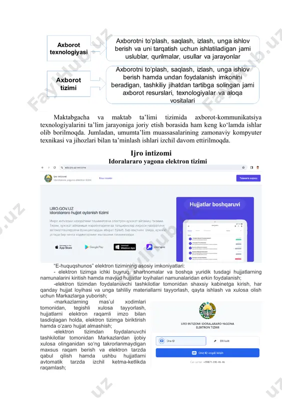 irok etish hamda ularga huquqiy maslahatlar berish; -markazlar tomonidan yuridik va jismoniy shaxslardan kelgan murojaatlarni oʻrganib chiqish va ularga asoslantirilgan javoblar yuborishda ishtirok etishdan iborat. ijro intizomi idoralararo yagona elektron tizimidan foydalanish axborot tizimlari axborot tizimlari, interaktiv xizmatlardan foydalanishda identifikatsiya vositalari axborot tizimlariga kirish vositalari kundalik.com – “kundalik” avtomatlashtirilgan ta’lim axborot tizimi “kundalik” avtomatlashtirilgan ta’lim axborot tizimi onlayn tarzda o‘qituvchilarni darslarini rejalashtirish, dars jadvallarini tuzish, o‘quvchilarning o‘zlashtirish darajasi va davomatini elektron jurnal va kundaliklarda qayd etib borish, shuningdek, ta’lim boshqaruv organlari va muassasalarga statistik hisobotlarni shakllantirish uchun xizmat qiladi. “kundalik” tizimi o‘quvchilar va ularning ota-onalariga 24 soat davomida baholar va uy vazifalari haqidagi ma’lumotlarni kuzatib borish imkonini beradi. shu bilan birga, ular himoyalangan ijtimoiy tarmoq orqali muloqot qilishlari hamda onlayn kutubxona va ta’limga oid media resurslardan foydalanishlari mumkin. “kundalik” avtomatlashtirilgan ta'lim axborot tizimi – kundalik.com ooo “kundalik” - it kompaniyasi tomonidan o‘qituvchilar, o‘quvchilar, ota-onalar, ta'lim muassasalari rahbarlari, hamda ta'limni boshqarish …