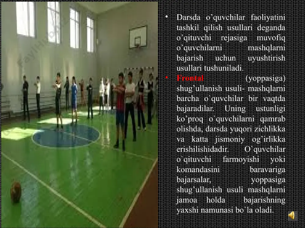 i d) bir butun o‘rgatish uslubi javob o’rgatish uslublariga; amaliy, so’z yordamida, ko’rgazmali uslublari kiradi. grgrh 19 2-savol o‘yin texnikasi deganda nimani tushunasiz? a) hujum va himoya texnikasini b) to‘pni olib yurishni c) ikki tomonlama o‘yinni d) hujum texnikasini 20 javob: o’yin texnikasi deganda, hujum va himoya texnikasi tushuniladi 21 3-savol jismoniy tarbiya tizimi kim tomonidan boshqariladi? a) madaniyat va sport ishlari vazirligi b) maktab direktori c) jismoniy tarbiya o‘qituvchisi d) ko‘ngilli sport jamiyati javob: jismoniy tarbiya tizimi madaniyat va sport ishlari vazirligi tomonidan boshqariladi fanga oid atamalar texnika grekcha so’z bo’lib, “bajara olish san’ati” degan ma’noni bildiradi jismoniy mashq deb, jismoniy tarbiya qonuniyatlari talablariga javob beruvchi, ongli ravishda bajariladigan ixtiyoriy harakat faoliyatining turli turkumi tushuniladi. sport- tanlangan sport turi bo’yicha yuqori natijalarga erishish uchun yo’naltirilgan jarayon. faza- harakatning boshlanishi va tamom bo‘lishining o‘rta holati. jismoniy madaniyat - umumiy jismoniy tarbiyaning bir qismi bo’lib, odamning uzoq tarixiy taraqqiyoti jarayonida erishgan …