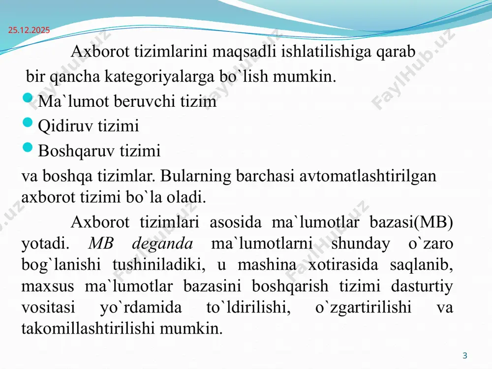 qlash; мb diskdan yuklash; hisobotlar yaratish va bosmaga chiqarish. 9 ma’lumotlar banki (mbn) tushunchasi ikki xil talqin etiladi. 1. hozirgi kunda ma’lumotlar markazlashmagan holda shk yordamida qayta ishlanadi. ilgari ular alohida xonalarda joylashgan ehmlarda markazlashgan holda qayta ishlangan. ehmlariga axborotlar tashqi qurilmalar orqali kelib to‘plangan. ma’lumotlar bazasi markazlashgani hisobiga ularni ma’lumotlar banki deb atashgan. bunda ma’lumotlarga murojat etish ishchi stansiyalardan markazlashgan xolda tashkil etilgan va shuning uchun ma’lumotlar banki bilan ma’lumotlar bazasi tushunchalari o‘rtasida farq qilingan. 10 ma’lumotlar bazasi tushunchasi bilan ma’lumotlar banki tushunchasi ham mavjud 15.03.2019 10 xozirgi kunda ko`p xollarda ma`lumotlar bazasi markazlashmagan xolda tashkil qilinmoqda. shuning uchun ma`lumotlar banki va ma`lumotlar bazasi sinonim so`zlar sifatida ham ishlatiladi. 2. boshqacha talqinda ma’lumotlar banki deyilganda ma`lumotlar bazasi uni boshqarish tizimi(mbbt) tushuniladi. mb ni ishlatish afzalliklari: ixchamligi; axborotlarni qayta ishlash tezligini oshishi; kam mehnat sarfi; har doim yangi axborot olish imkoniyati mavjudligi; ma’lumotlarni ortiqchaligini kamayishi va boshqalar. 11 15.03.2019 11 …
