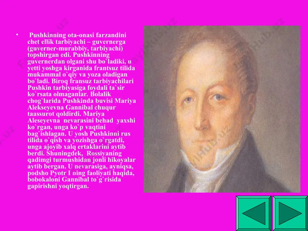 u o`n besh yoshga qadam qo`yganida rus va fransuz tilidagi ko`p kitoblarni va badiiy asarlarni o`qib chiqdi, anchasini yod oladi. badiiy adabiyotni tinimsiz o`qishi, enagasidan va buvisidan eshitgan ertak va hikoyalari pushkinda ijodga bo`lgan ischte`dodni barvaqt uyg`otdi. u har xil janrlarda qobiliyatini sinab ko`rdi: masallar, she`rlar, doston va komediyalar yozdi. 1811 yilda peterburg yaqinida sarskoye seloda o`rta va oliy ma`lumot beradigan maxsus o`quv yurti – litsey ochildi. pushkin 12 yoshga to`lganda amakisi vasiliy lvovich uni moskvadan peterburgga olib keladi. yosh aleksandr qabul imtihonlarini topshirib, mana shu litseyga kirdi. bu litsey podsho aleksandrning buyrug`i bilan nufuzli dvoryanlarning bolalari uchun ochilgan bo`lib, undan podshoning umidi katta edi. ammo podshoning bu umidlari puchga chiqdi. pushkin va u bilan birga o`qishga kirgan o`ttizta o`smir litseyning birinchi talabalari edi. ular tezda do`stlashib ketishadi. litsey yopiq o`quv yurti edi: tarbiyalanuvchilar litseyda ham o`qir, ham yashar edilar. litsey o`quvchilari o`qituvchilar bergan bilim bilangina cheklanib qolmay, hayot va …