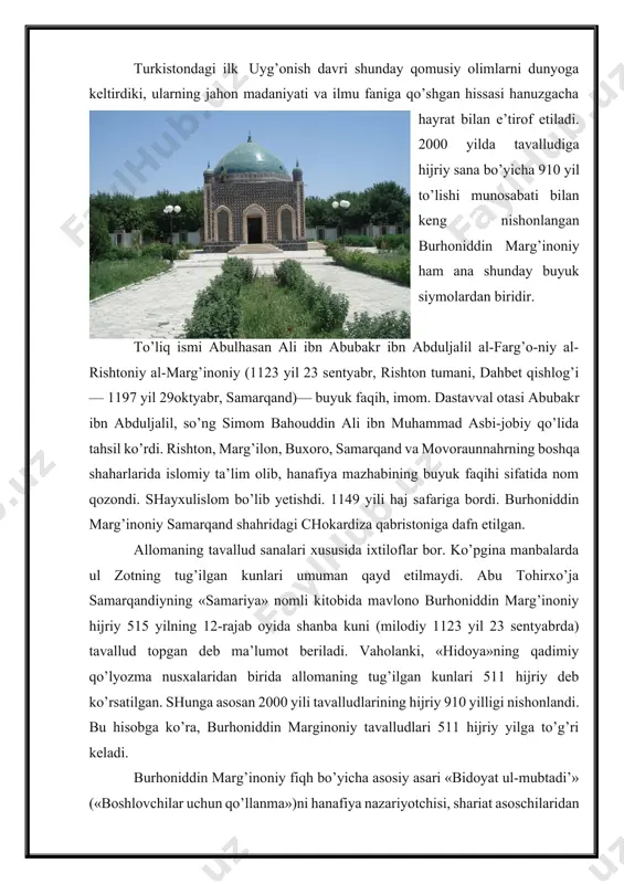 y va muhammad ash-shayboniy asarlariga tayanib yozgan. burhoniddin marg’inoniyning ushbu kitobi nazariy asar edi, undan amaliy jihatdan foydalanish qiyin bo’lgan. shu sababli burhoniddin marg’inoniy ning o’zi 8 jildli sharh — «kifoyat ul-muntahiy» («yakunlovchilar uchun tugal ta’limot»)ni yozishga qaror qilgan. keyinchalik bu kitobi asosida «kitob al-hidoya» (qisqacha nomi «hidoya» — «to’g’ri yo’l»)ni yaratadi (1178). burhoniddin marg’inoniy bu kitobda o’sha zamonlarda mo’min-musulmonlar duch keladigan dolzarb hayotiy masalalar, jumladan oilaviy va ijtimoiy munosabatlar, mulkchilik, savdo-sotiq, jinoyat va jazo, insonning burch va mas’uliyatlariga taalluqli juda ko’p murakkab muammolarni islomiy huquq nuqtai nazaridan hal etib berdi. mazkur kitob nafaqat movoraunnahrda, balki butun islom sharqida bir necha tillarga tarjima etilib ma’lum va mashhur bo’lib ketdi. bu kitob fiqh ilmi bo’yicha eng aniq, izchil, mukammal asar bo’lgan. undan asrlar davomida islom huquqshunosligi bo’yicha nufuzli huquqiy manba — asosiy qo’llanma sifatida foydalanilgan . shu sababli alloma nafaqat ulamolar, balki oddiy xalq orasida ham «hidoyat yo’lining sarboni» deya katta …