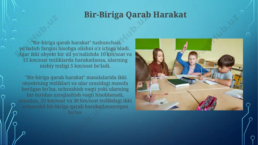 sa va uning tomonlari 5 sekund va 2 m/s bo'lsa, bosib o'tilgan masofa 10 metrga teng bo'ladi. tezlik-vaqt grafiklarida gorizontal o'q vaqtni (masalan, sekundlarda), vertikal o'q esa tezlikni (masalan, metr/sekundlarda) ifodalaydi. grafikning qiyaligi harakatning tezlanishini ko'rsatadi; qiya chiziq tezlanishni, gorizontal chiziq esa doimiy tezlikni bildiradi. oddiy harakat masalalari oddiy harakat masalalari 5-sinf o'quvchilari uchun tezlik, vaqt va masofa o'rtasidagi bog'liqlikni tushunishga yordam beradi, masalan, 60 km/soat tezlikda 2 soat harakatlanuvchi avtomobil qancha masofani bosib o'tishini hisoblash. masalalarni yechishda chizmalar, jadvallar yoki sxemalardan foydalanish, masalan, 3 km masofani piyoda 1 soatda bosib o'tgan odamning tezligini topishda, vizuallashtirishni osonlashtiradi. orqadan quvish masalalar yechimida vaqt, tezlik va masofa o‘rtasidagi bog‘liqlikni tushunish muhim ahamiyatga ega, masalan, 2 soat ichida 60 km masofani bosib o‘tgan avtomobilning tezligini hisoblash kabi. o‘quvchilarga 30 km/soat tezlikda harakatlanuvchi velosipedchi va 5 km/soat tezlikda yuguruvchining o‘rtasidagi masofani topish kabi amaliy misollarni echish orqali mavzuni mustahkamlash tavsiya etiladi. amaliy masalalar masalalar …