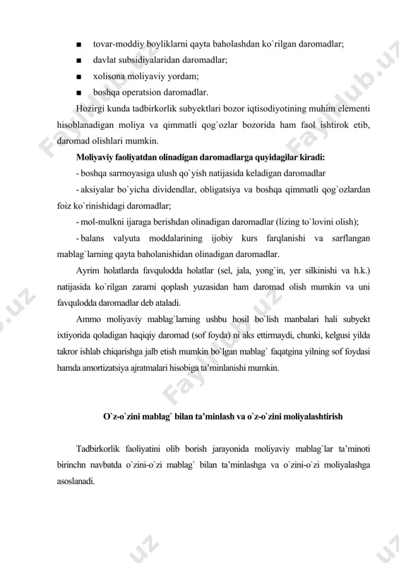 u korxonani daromadlilik darajasini oshirishga olib keladi. katta korxonalarning pul kapitallarini boshqarishda asosiy rolni o`zini- o`zi mablag` bilan ta’minlash egallaydi. korxona o`zini-o`zi moliyalashtirish jarayonida o`z mablag`lari hisobiga, agar o`z mablag`lari yetishmasa, bank kreditidan foydalanib ish olib boradi. budjet mablag`lari va yuqori tashkilotlarni mablag`laridan foydalanmaydi. bozor iqtisodiyoti sharoitida korxona o`zini-o`zi moliyalashtirishning mohiyati korxona ichki imkoniyatlarga asoslangan holda o`zini-o`zi moliyalashdir. o`zini-o`zi moliyalashtirish - bu korxona pul mablag`lar fondini strategik boshqarib, kapitalni jamg`arish va kengaytirilgan takror ishlab chiqarishni tashkil etishdir. o`zini-o`zi moliyalashtirish korxonani yuqori darajada kapital jamg`arishi va daromadlari oshirilishini ta’minlaydi. takror ishlab chiqarish jarayoni xarajatlarini ta’minlash to`rt shaklda amalga oshiriladi: 1. o`z-o`zini moliyalashtirish. bunda korxonalar takror ishlab chiqarish jarayonlari uchun zaruriy xarajatlarni ichki moliyaviy resurslar hisobiga qoplashi mumkin. uning moliyaviy manbai korxonalar foydasi va amortizatsiya hamda boshqa o`ziga tegishli moliyaviy resurslar hisoblanishi mumkin. 2. kreditlash. bunda xo`jalik subyekti xarajatlarni muddatlilik, qaytaruvchanlik, maqsadlilik va ta’minlanganlik shakllari asosida banklar va boshqa kredit muassasalaridan kreditlari …