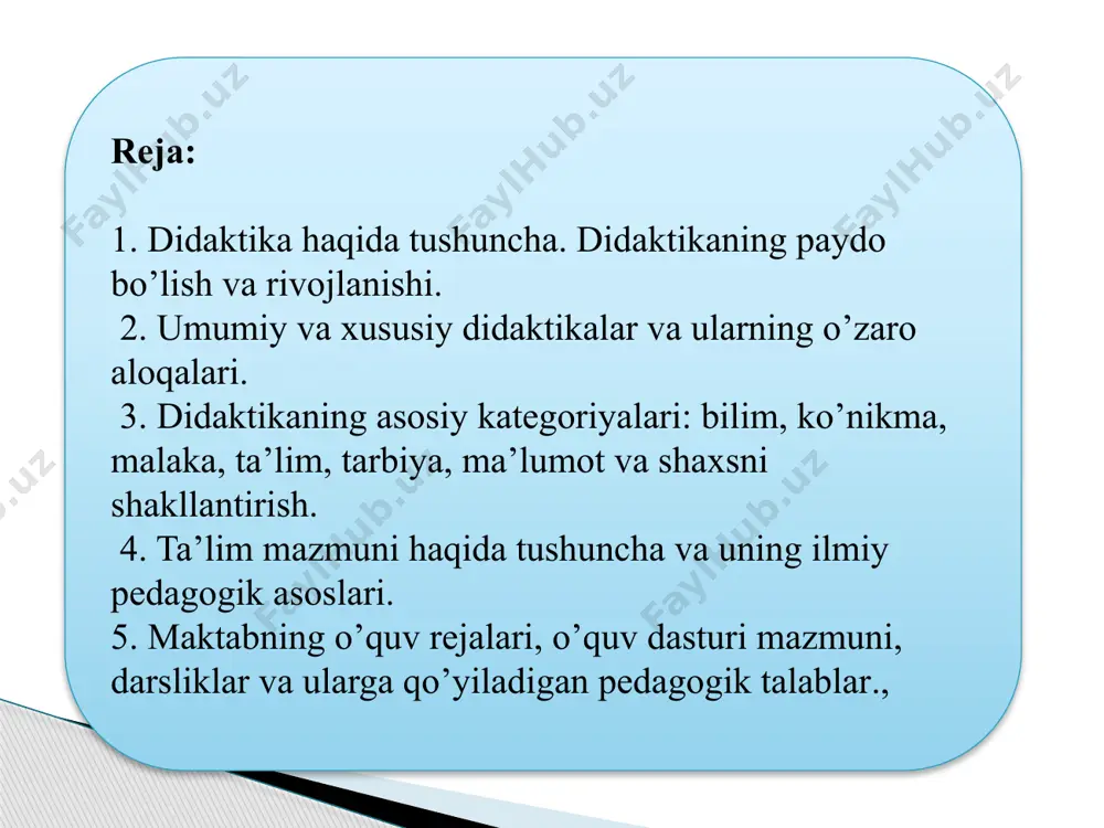 lari o’stiriladi. xususiy didaktika ya’ni bir fanni o’qitishining o’ziga xos xususiyatlarini o’rganadigan tarmog’i hisoblanadi. fanda xususiy didaktikani metodika ham deb yuritiladi. masalan, ona tili o’qitish metodikasi, ximiya o’qitish metodikasi, boshlang’ich ta’lim metodikasi singarilar. 7 umumiy didaktikaning predmeti dars o‘tish va bilim olishning o‘zaro bog‘liqligi va aloqadorligi hisoblanadi 8 o‘qituvchi faoliyati o‘quvchining o‘rganish faoliyati didaktikaning asosiy maqsadi, vazifasi, o’qituvchini o’qitishga doir ma’lumot, mahorat bilan, o’quvchilarni esa illiy bilimlar ko’nikma va malakalar tizimi bilan qurollantirishdan iboratdir. didaktikaning hozirgi davrida vazifalaridan biri oldingidek har tomonlama kamol topgan barkamol shaxsni shakllantirish bo’lib qolmoqda va shunday bo’lib qolaveradi. 9 "didaktika " atamasi ilk bor yevropada 17-a.da oʻqitish va taʼlim jarayoni haqida asarlar yaratgan olimlar tomonidan qoʻllanila boshlagan. chex pedagogi yan amos komenskiy oʻzining "buyuk didaktika" asari (1657)da bolalar va oʻsmirlarni maʼlumotli qilish va ularga taʼlim berishning didaktik jihatlarini ishlab chikdi. 10 11 nemis pedagogi adolf disterveg oʻzining "nemis oʻqituvchilarini maʼlumotli qilishga rahbarlik" (1834—35) asarida didaktikaning …