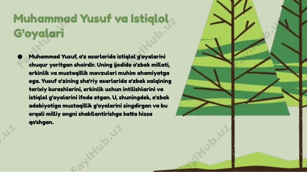milliylik va ijodiy tafakkurni rivojlantirishda davom etishlari kerak. 2023: ularning ijodida milliylik va zamonaviylik o'zaro uyg'unlikda bo'lishi muhimdir. zamonaviy o'zbek she'riyati va muhammad yusuf muhammad yusuf zamonaviy o'zbek she'riyatining eng muhim shoirlaridan biridir. uning asarlari o'zbek she'riyatini yangilash va rivojlantirishda katta rol o'ynagan. yusufning "o'zbekiston" she'ri, vatanga bo'lgan muhabbatni ifodalaydi va o'zbek xalqining tarixiy merosini yodga oladi. "yurakdan yurakka" she'ri esa insonning qiyinchiliklarga qarshi kurashini ko'rsatadi. uning ijodi, zamonaviy mavzularni o'z ichiga olgan holda, o'zbek she'riyatini yangi yo'nalishlarga olib chiqdi va yosh avlod uchun ilhom manbai bo'lib xizmat qilmoqda. ijoddagi istiqlol g'oyalari muhammad yusuf ijodida istiqlol g'oyalari muhim o'rin tutadi. uning she'rlarida mustaqillik, milliy g'urur va xalqning erkinligi haqida chuqur fikrlar mavjud. masalan, "o'zbekistonim" she'rida u vatan sevgisi va uning go'zalliklarini ta'kidlaydi. bundan tashqari, "istiqlol" she'rida mustaqillikning qadr-qimmati va uning xalq hayotidagi o'rni haqida so'z yuritadi. muhammad yusufning ijodi yosh avlodga mustaqillik g'oyalarini singdirishda katta ahamiyatga ega. uning asarlari o'zbek …